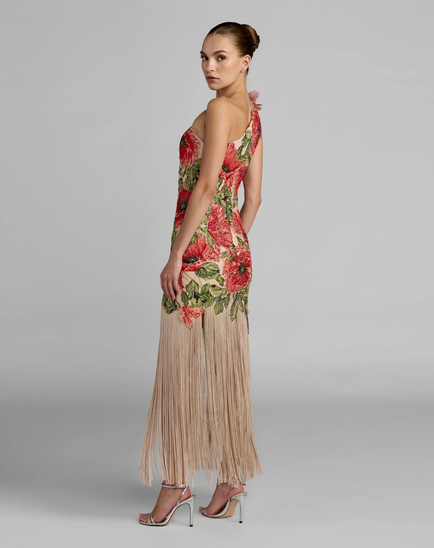 Beige Embroidered One Shoulder Dress With Fringe Hem - Mac Duggal