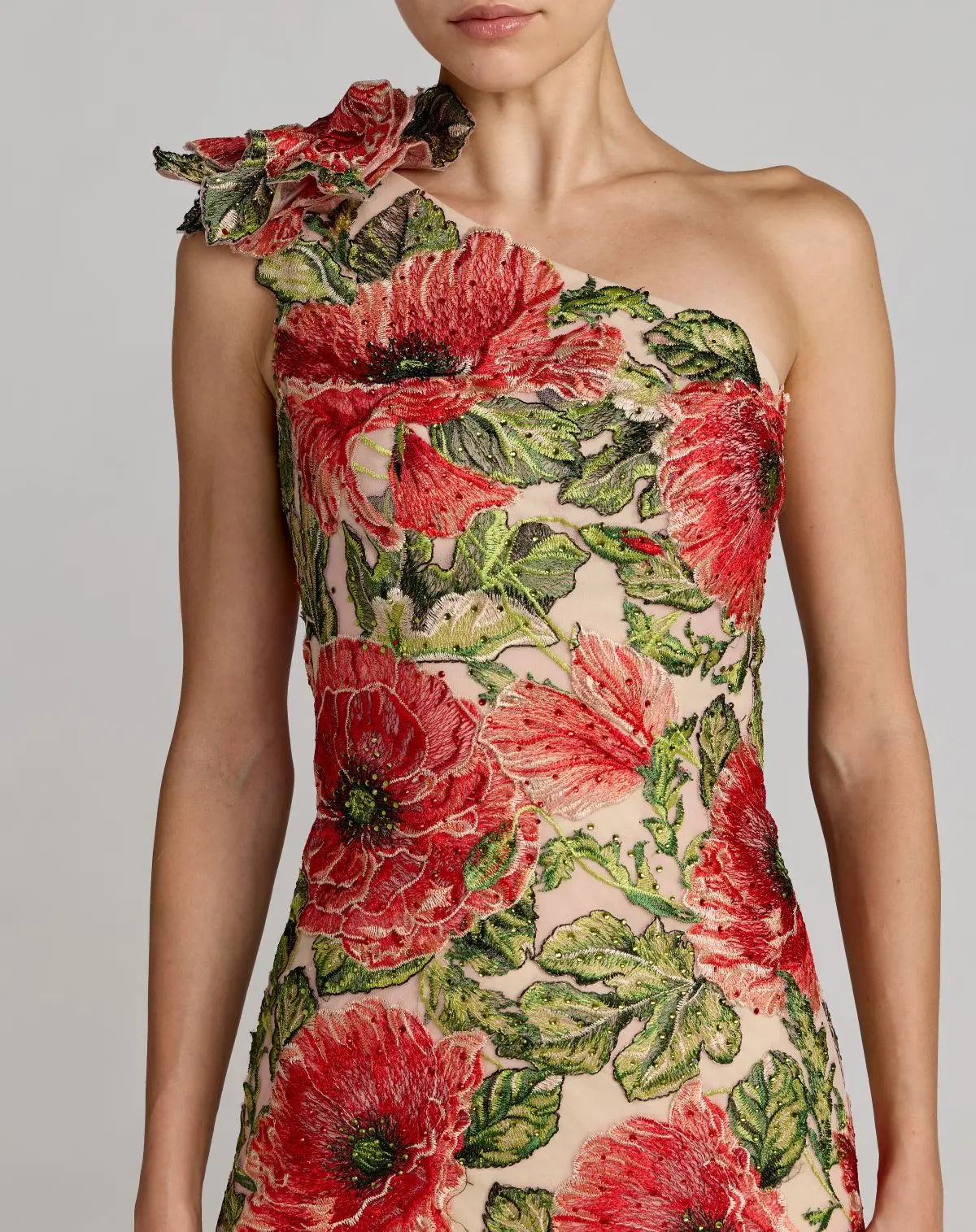 Beige Embroidered One Shoulder Dress With Fringe Hem - Mac Duggal