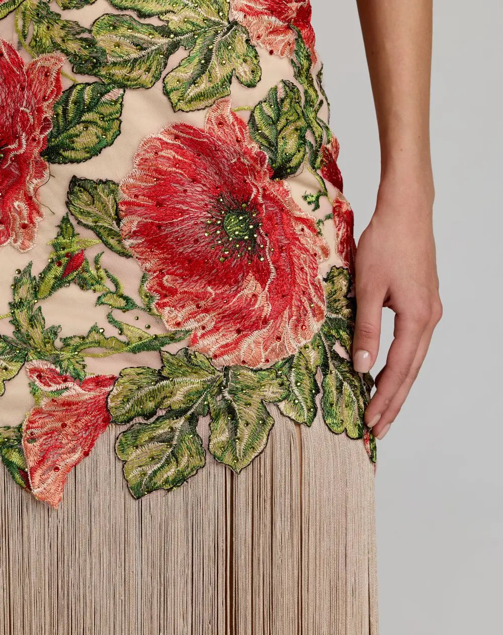 Beige Embroidered One Shoulder Dress With Fringe Hem - Mac Duggal