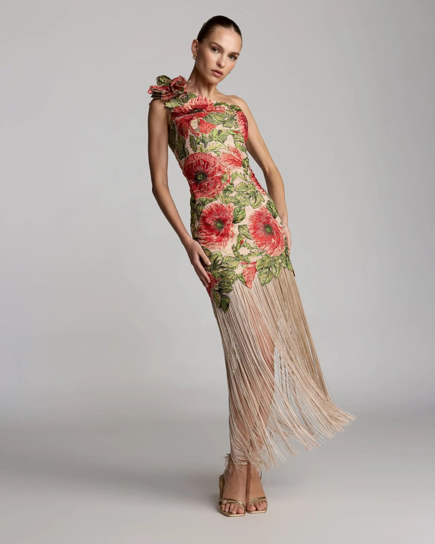 Beige Embroidered One Shoulder Dress With Fringe Hem - Mac Duggal