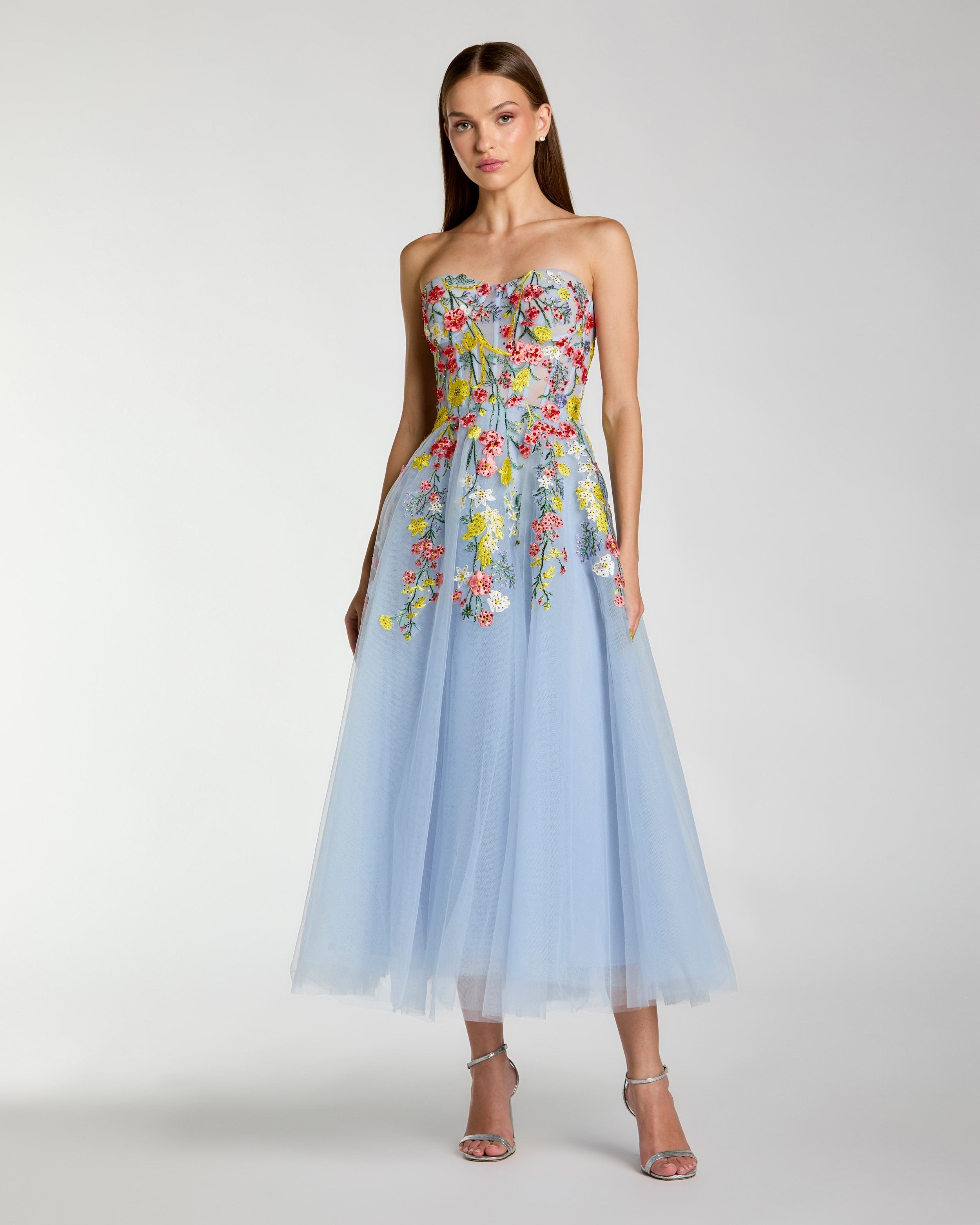 Blue Strapless Floral Embroidered A-Line Midi Dress