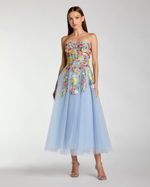 Blue Strapless Floral Embroidered A-Line Midi Dress