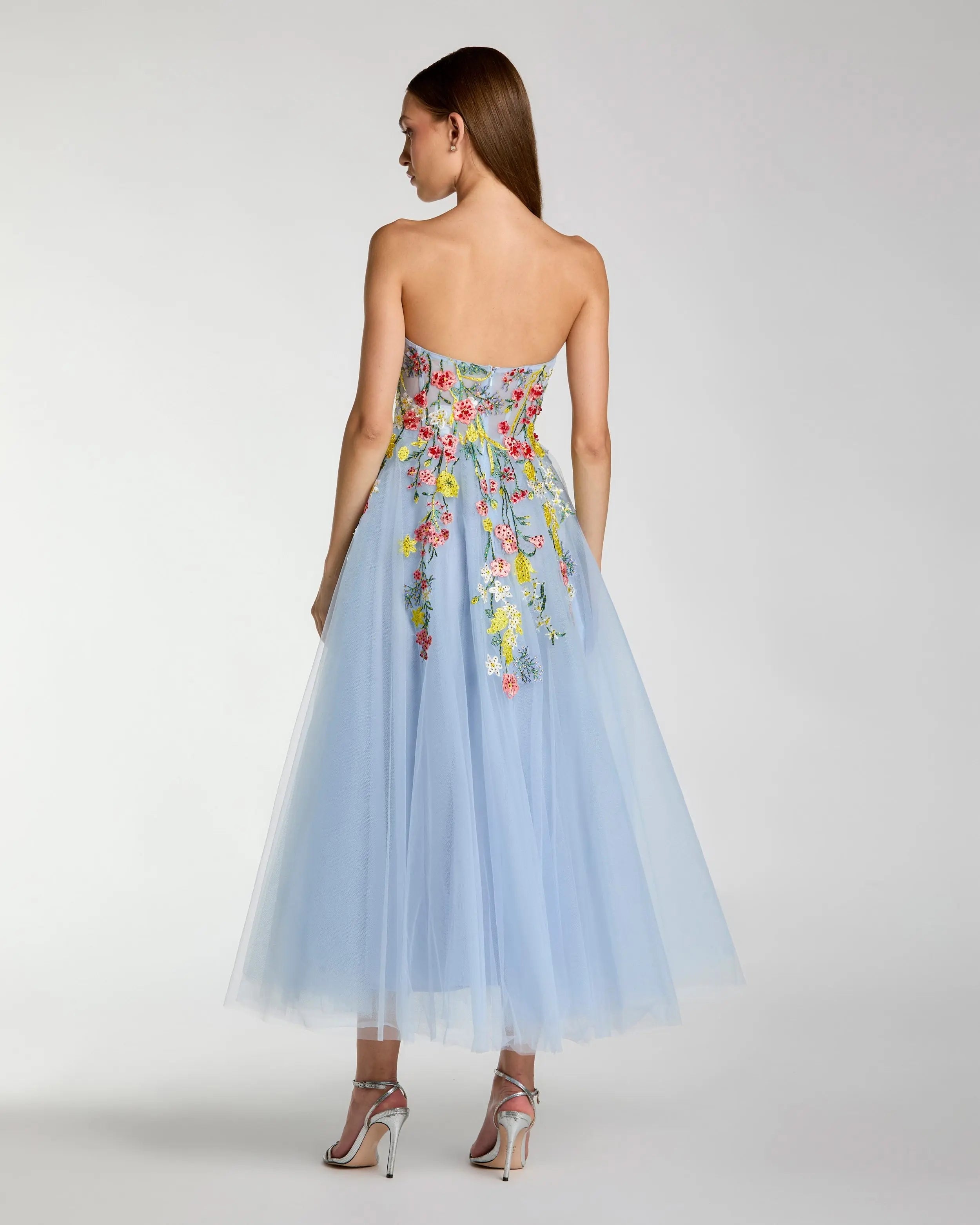 Blue Strapless Floral Embroidered A-Line Midi Dress | Mac Duggal Blue Strapless Floral Embroidered A-Line Midi Dress | Mac Duggal