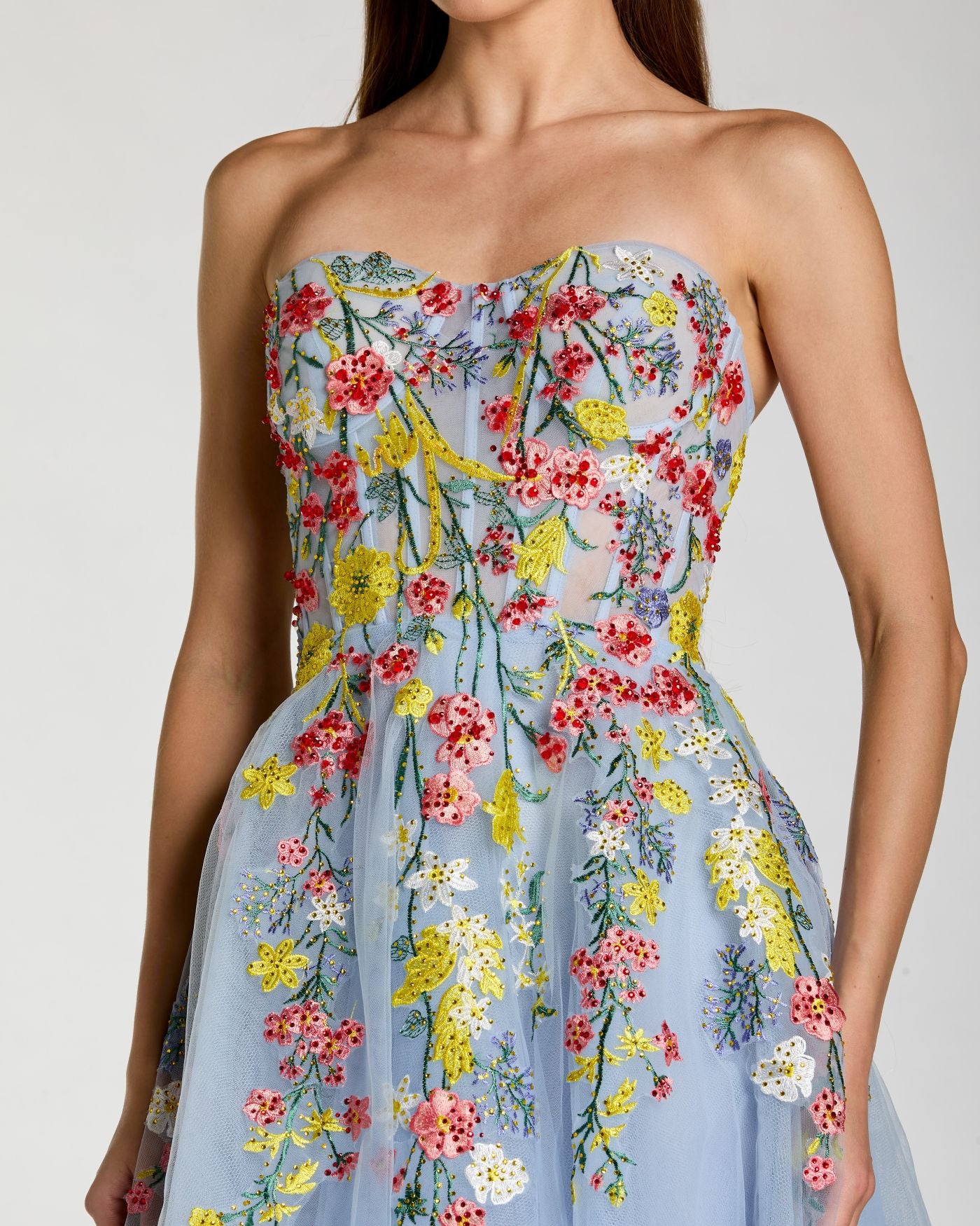 Blue Strapless Floral Embroidered A-Line Midi Dress