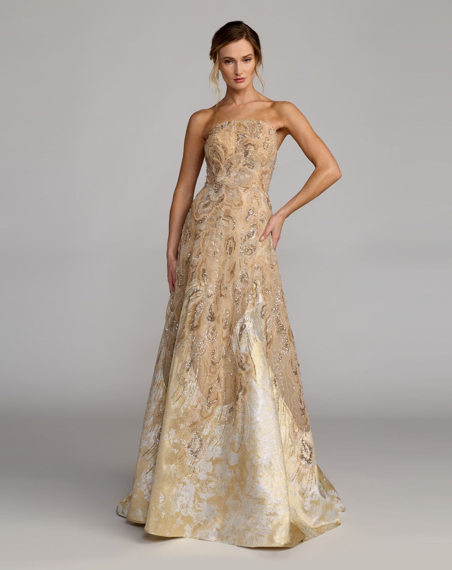 Gold Strapless Embellished Brocade A-Line Gown - Mac Duggal
