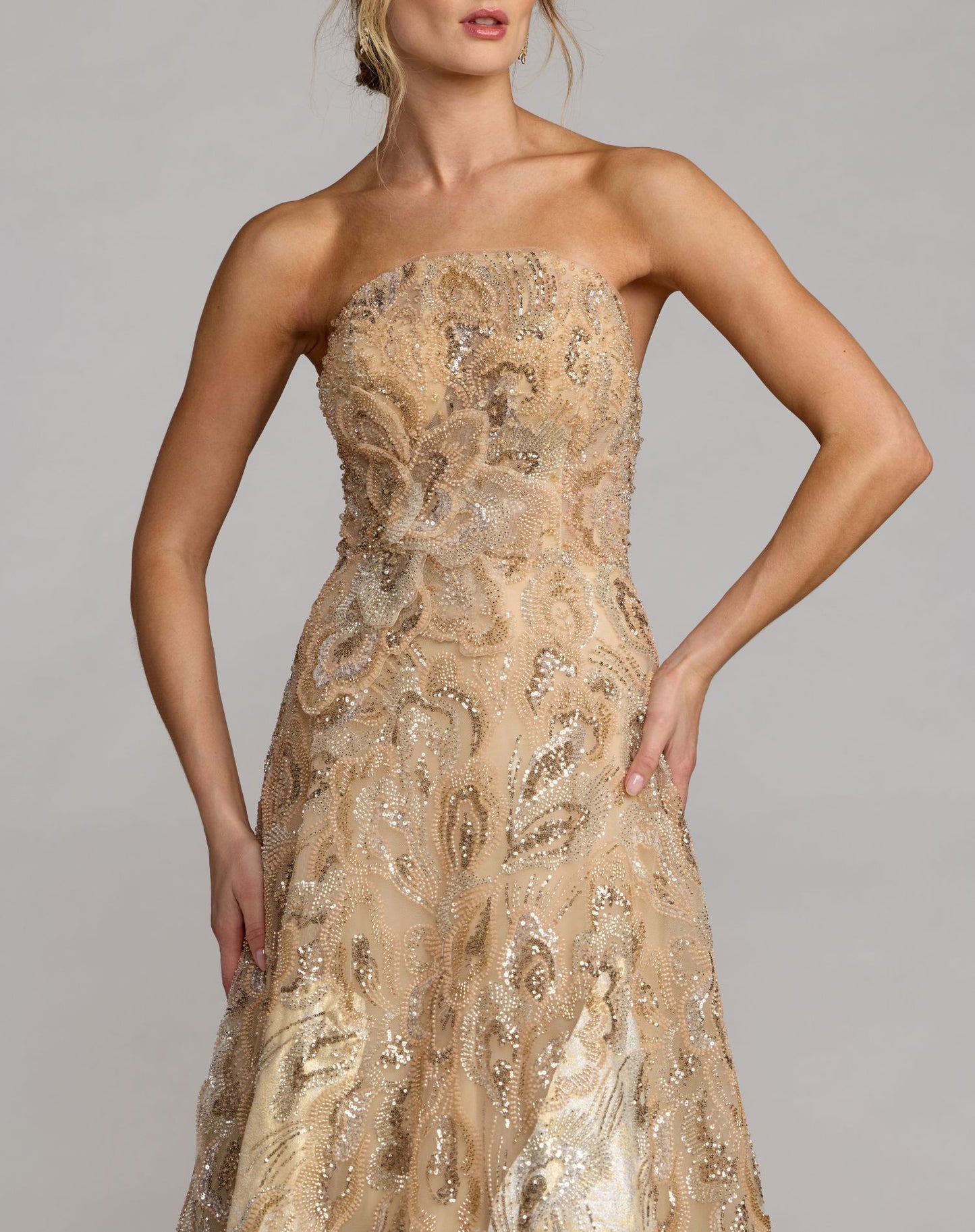 Gold Strapless Embellished Brocade A-Line Gown - Mac Duggal