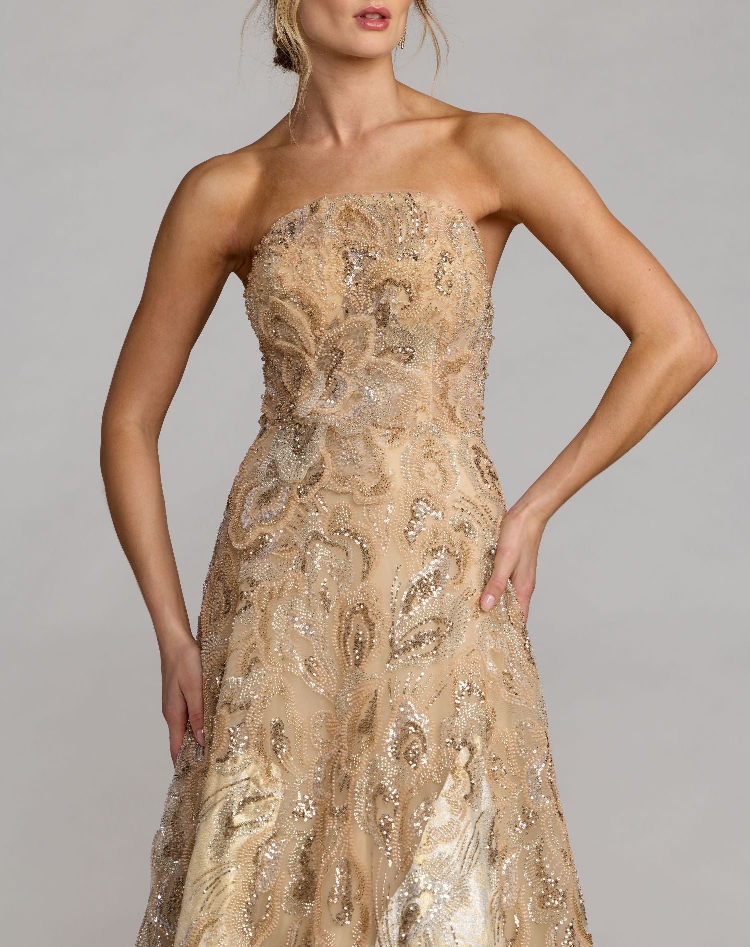Gold Strapless Embellished Brocade A-Line Gown - Mac Duggal