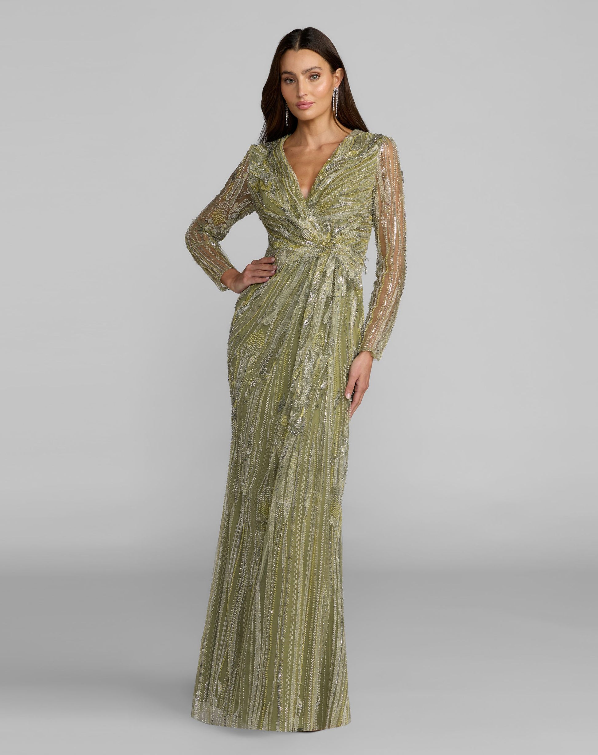 Green Hand Embellished V-Neck Column Gown