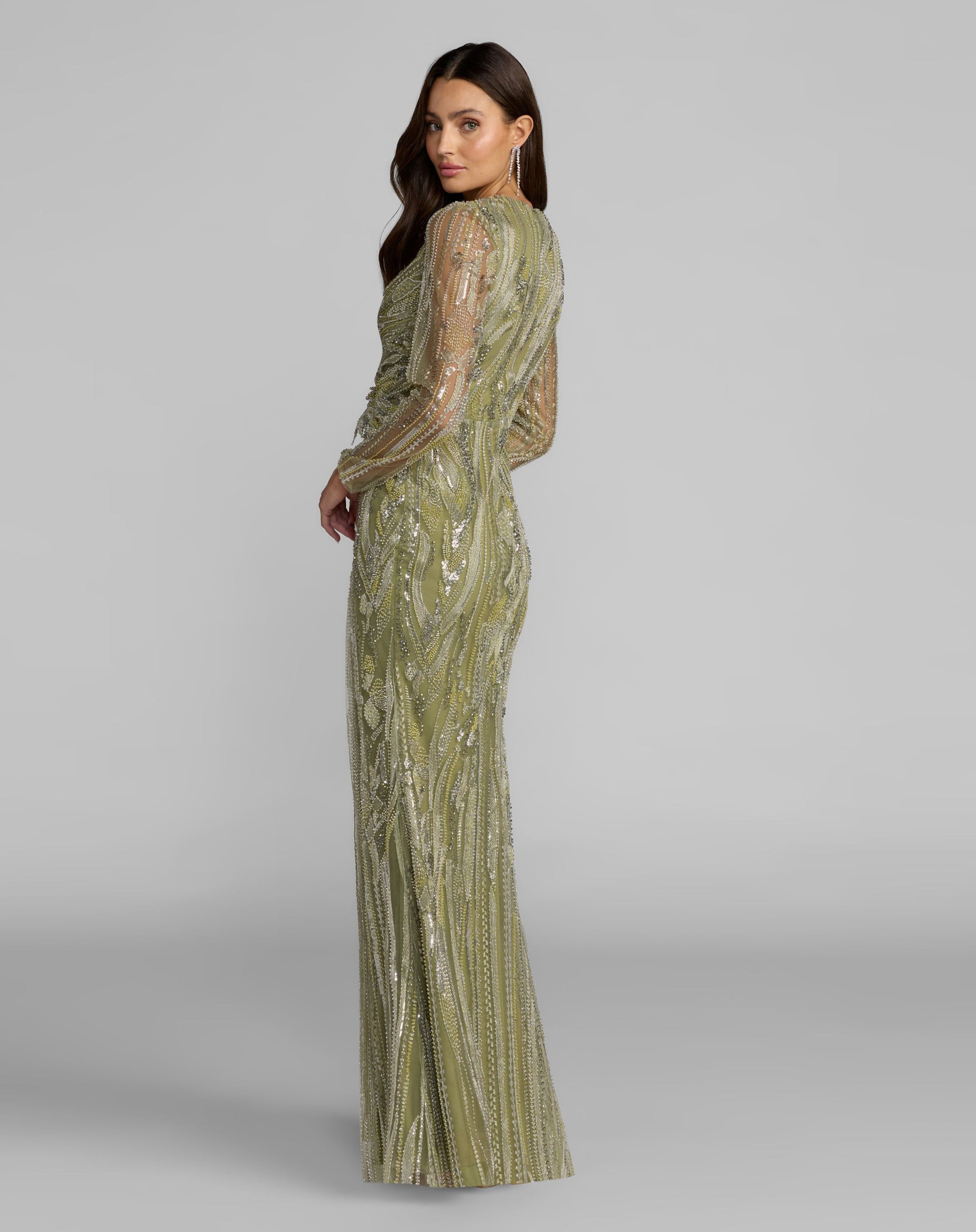 Green Embellished V-Neck Long Sleeve Column Gown - Mac Duggal