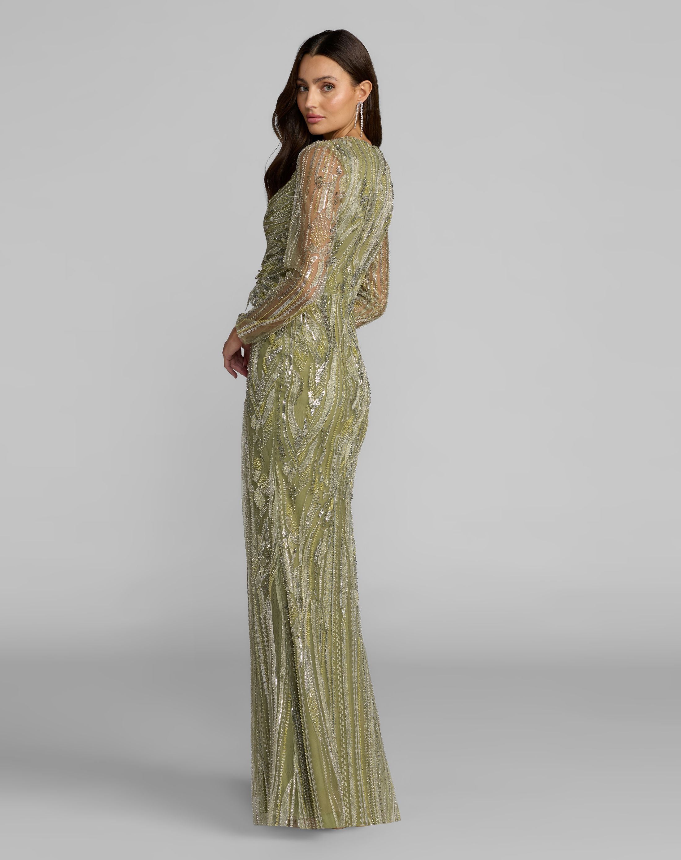 Green Embellished V-Neck Long Sleeve Column Gown - Mac Duggal