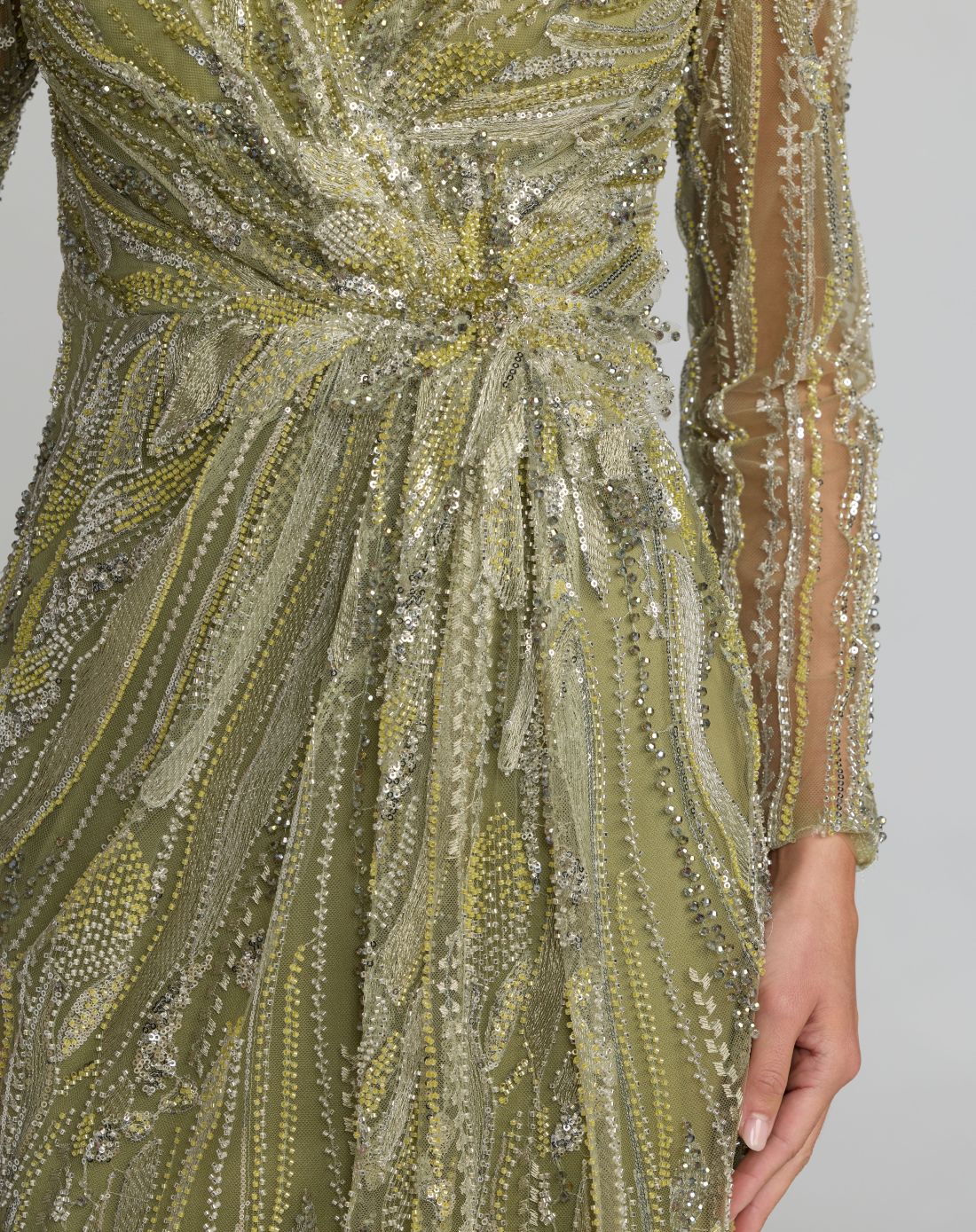 Green Embellished V-Neck Long Sleeve Column Gown - Mac Duggal