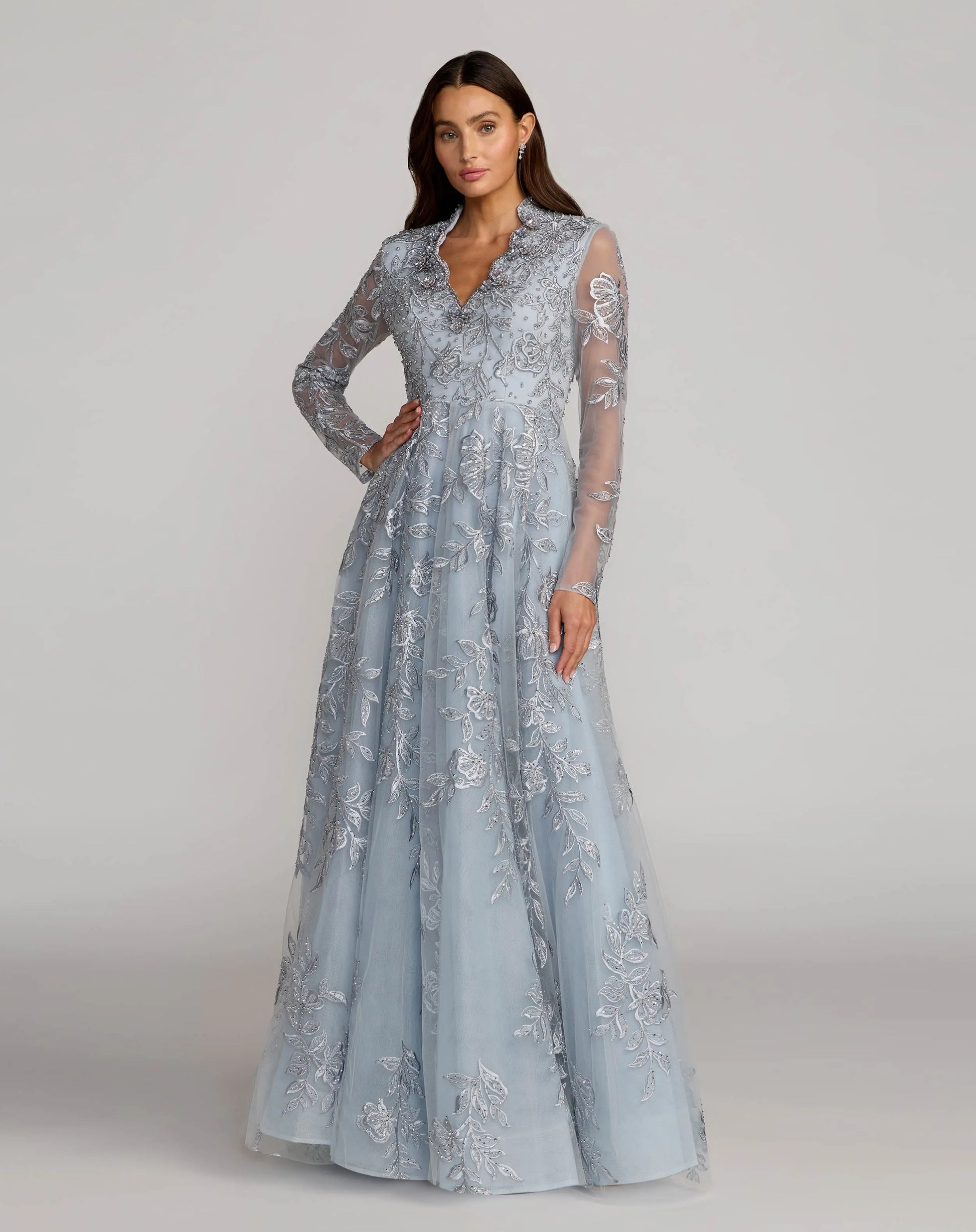 Blue V-Neck Embroidered Long Sleeve Gown - Mac Duggal