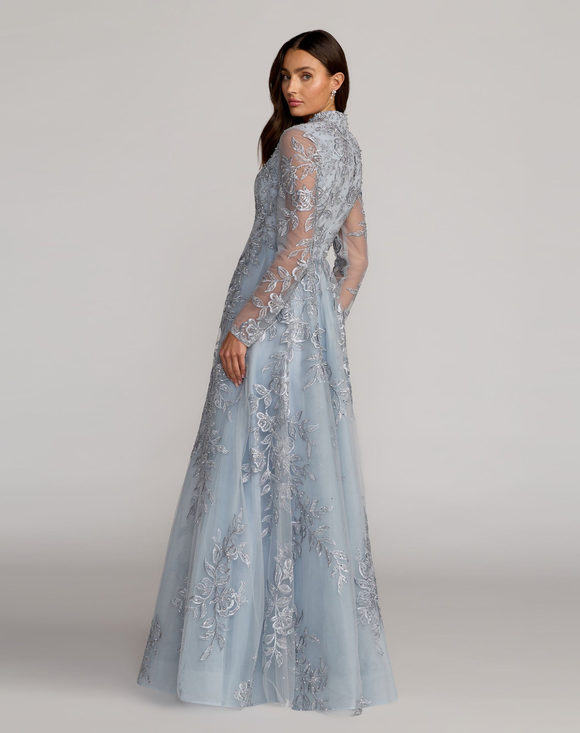 Blue V-Neck Embroidered Long Sleeve Gown - Mac Duggal