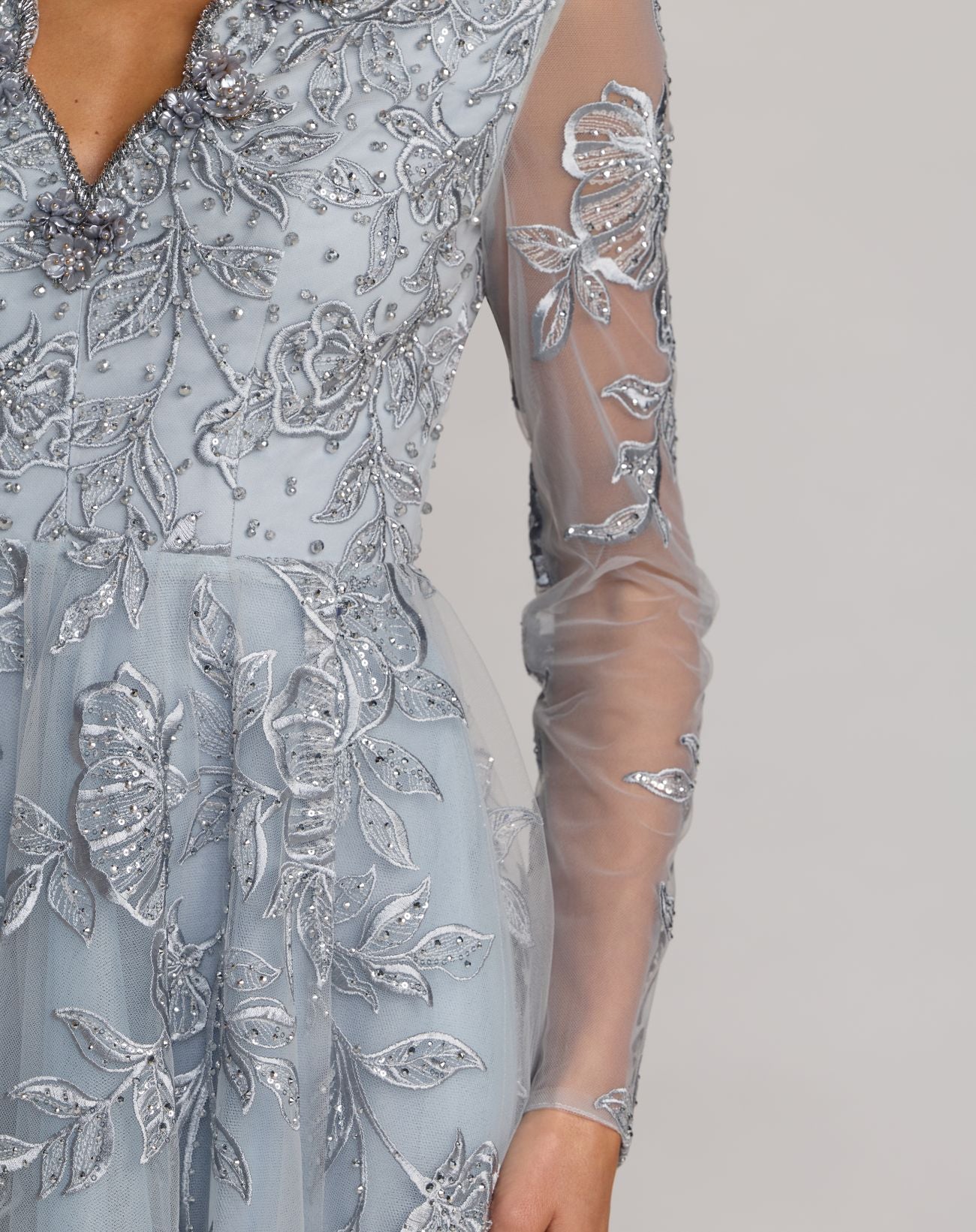 Blue V-Neck Embroidered Long Sleeve Gown - Mac Duggal