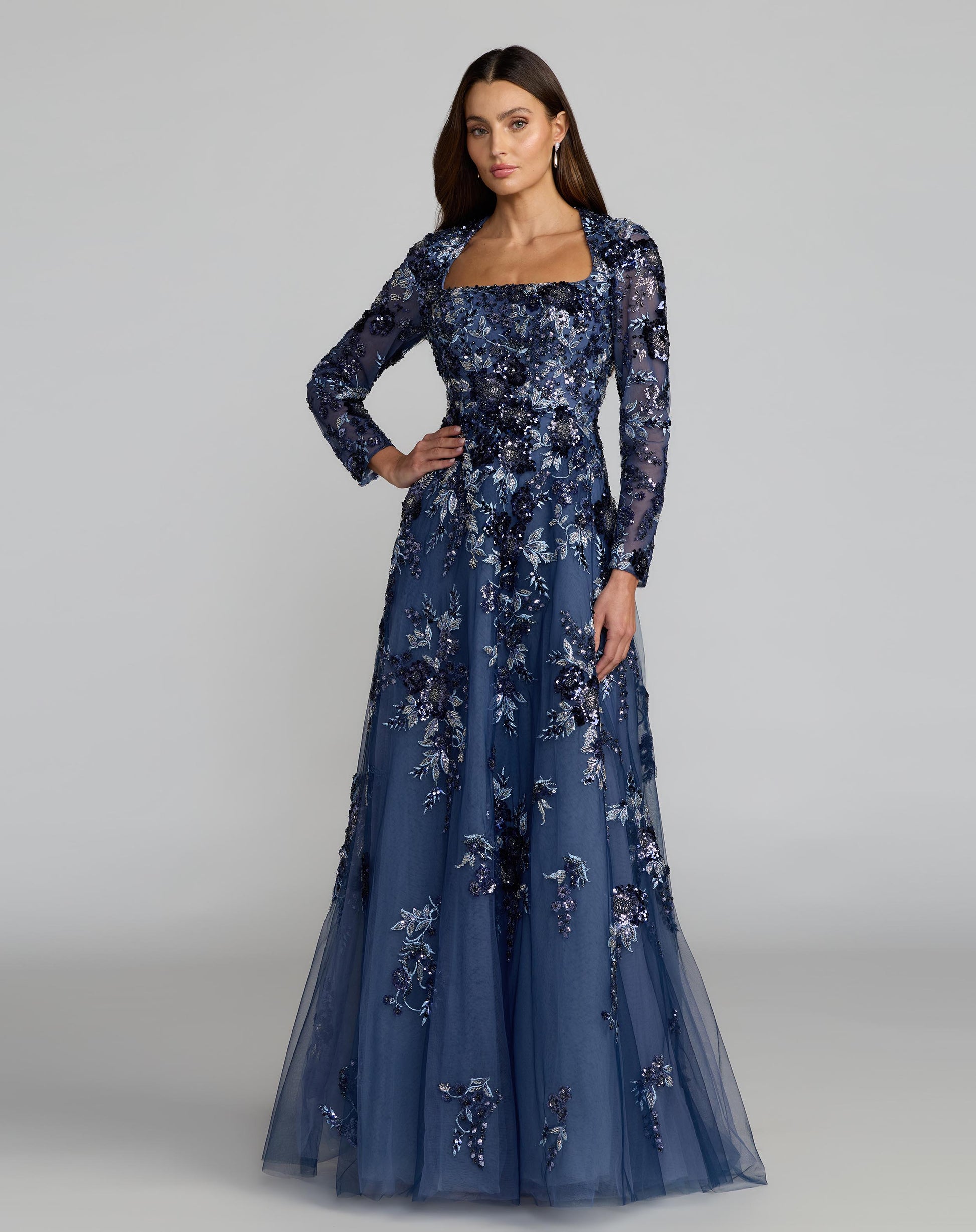 Mac Duggal - Blue Embellished Floral A Line Gown