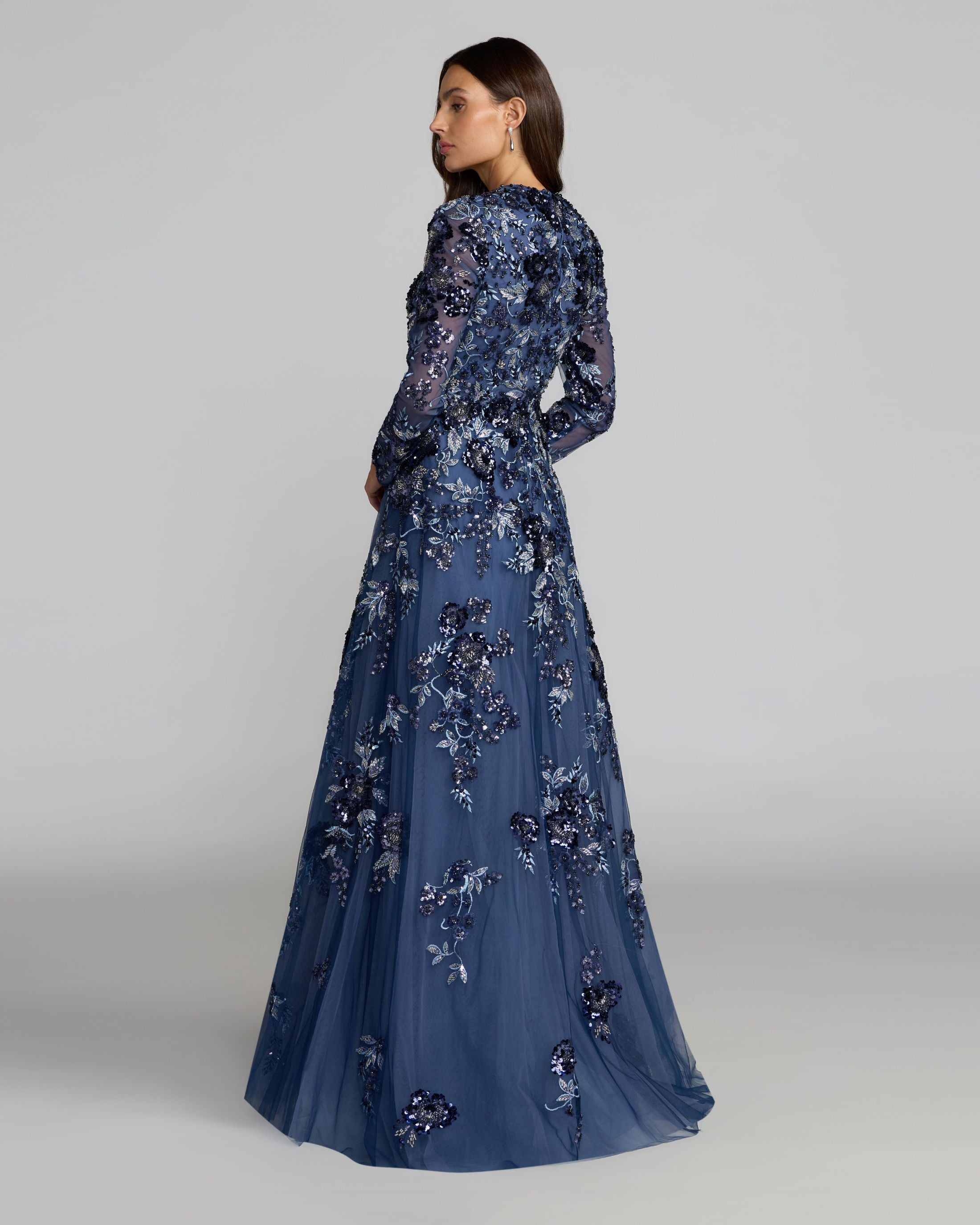 Blue Embellished Floral A Line Gown Mac Duggal