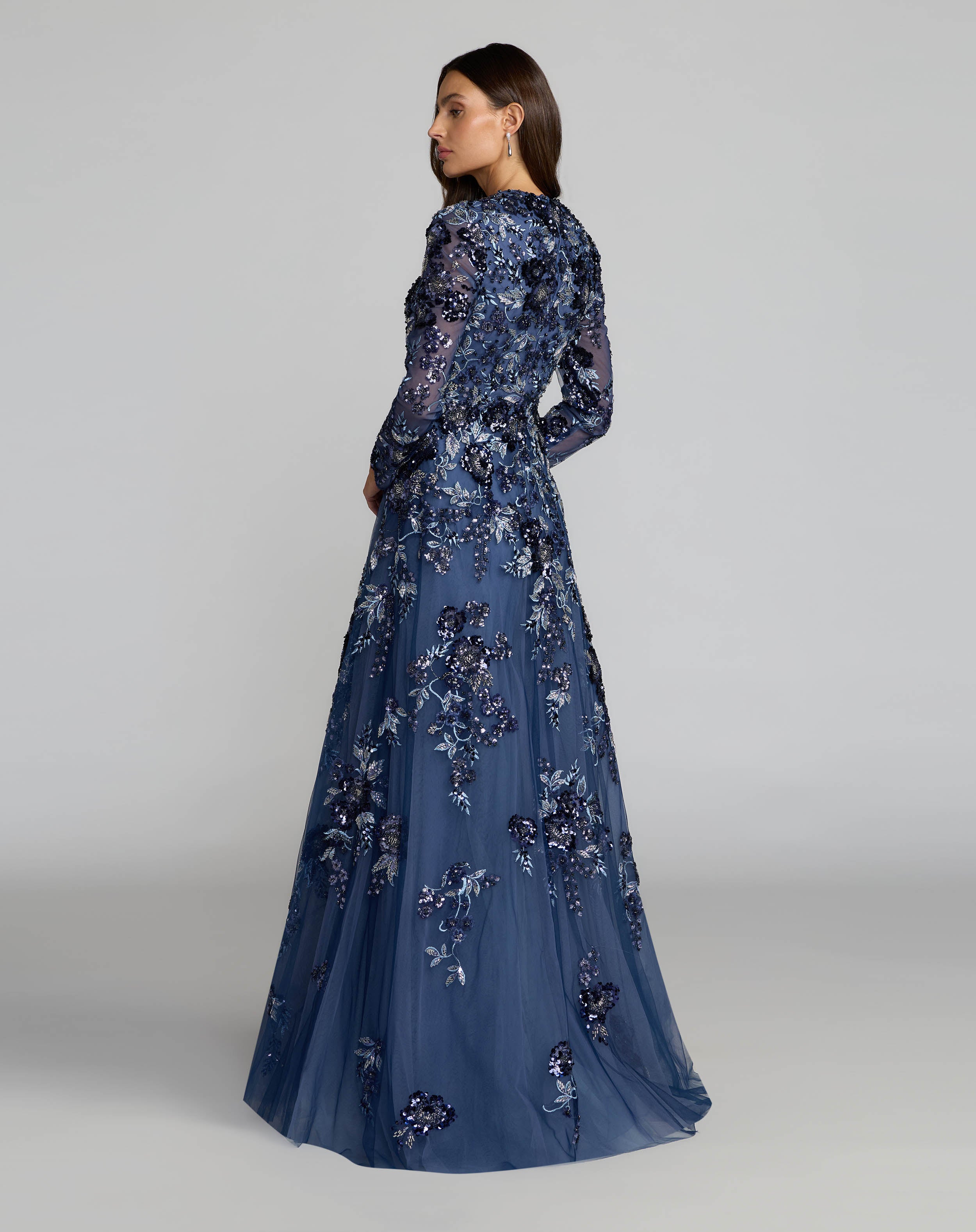Blue Embellished Floral A Line Gown Mac Duggal