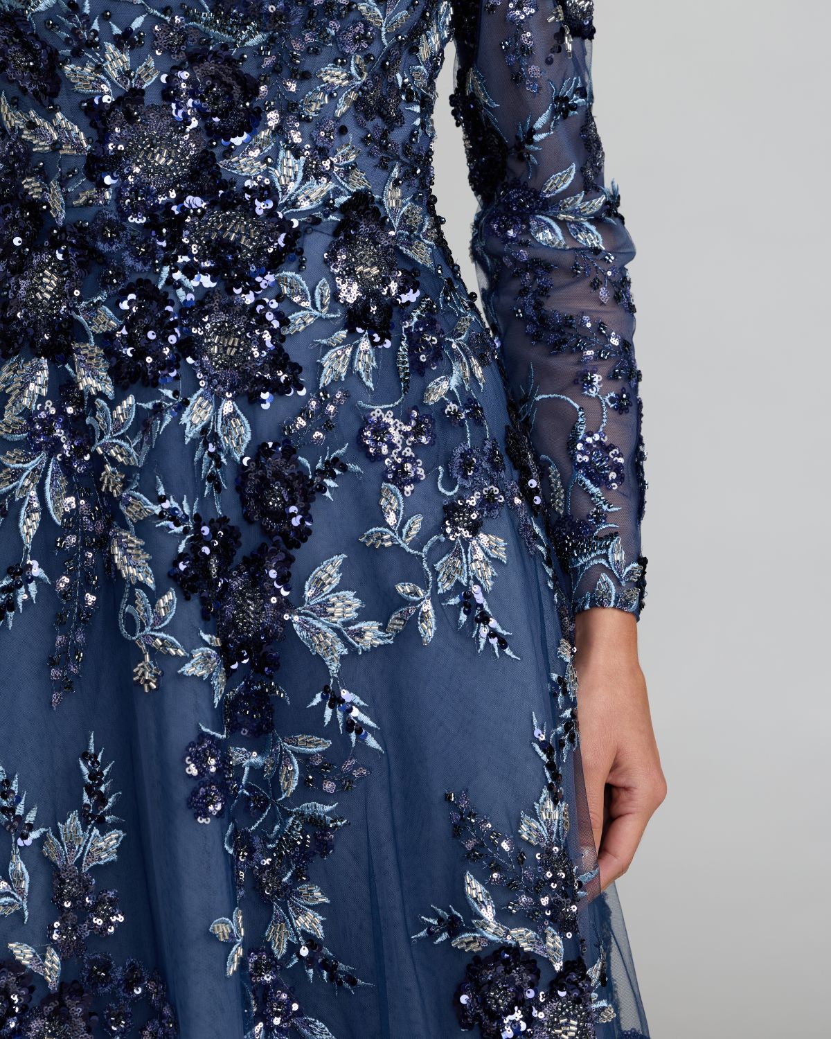 Blue Embellished Floral A Line Gown