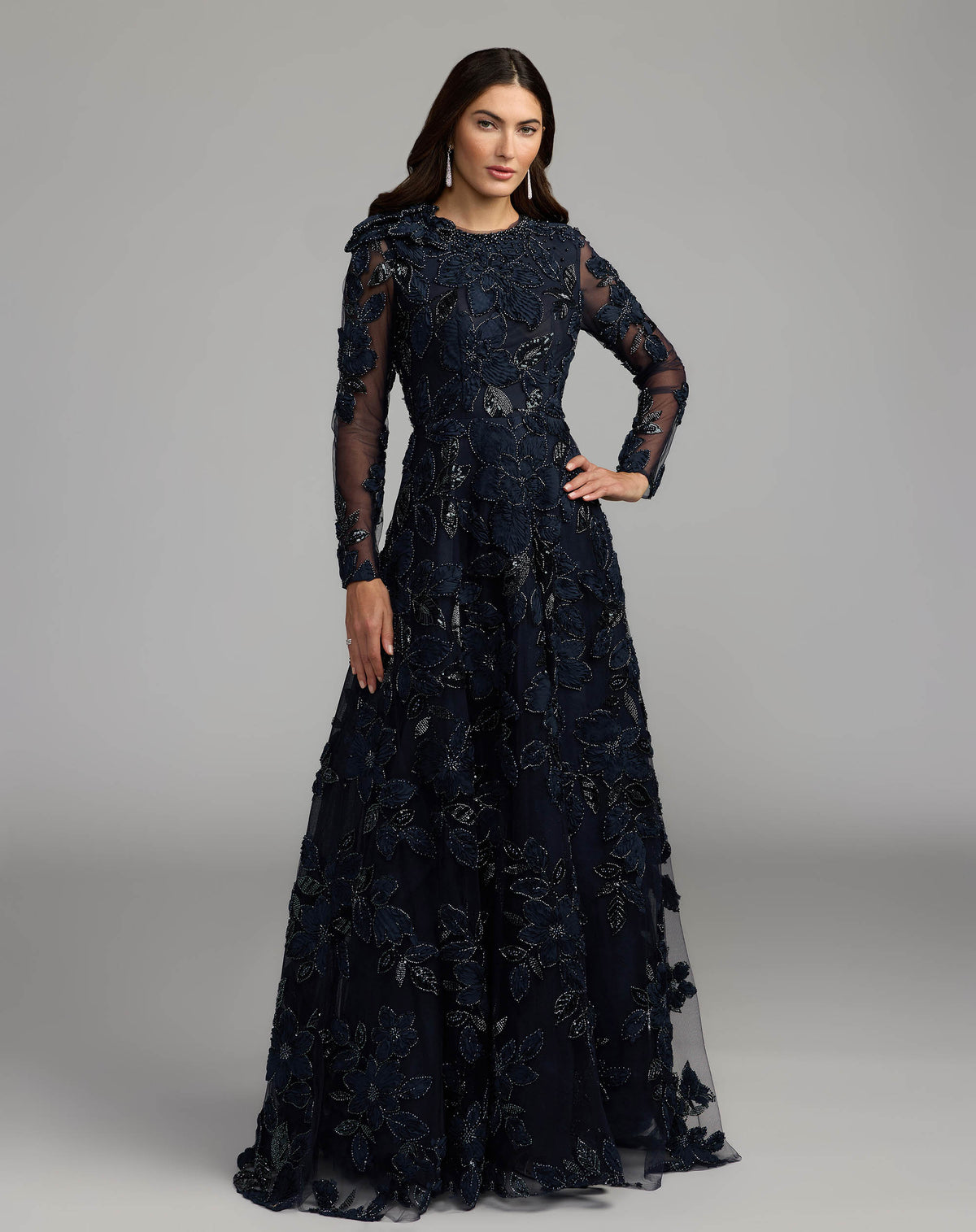 Navy Floral Embellished Long Sleeve Gown Mac Duggal