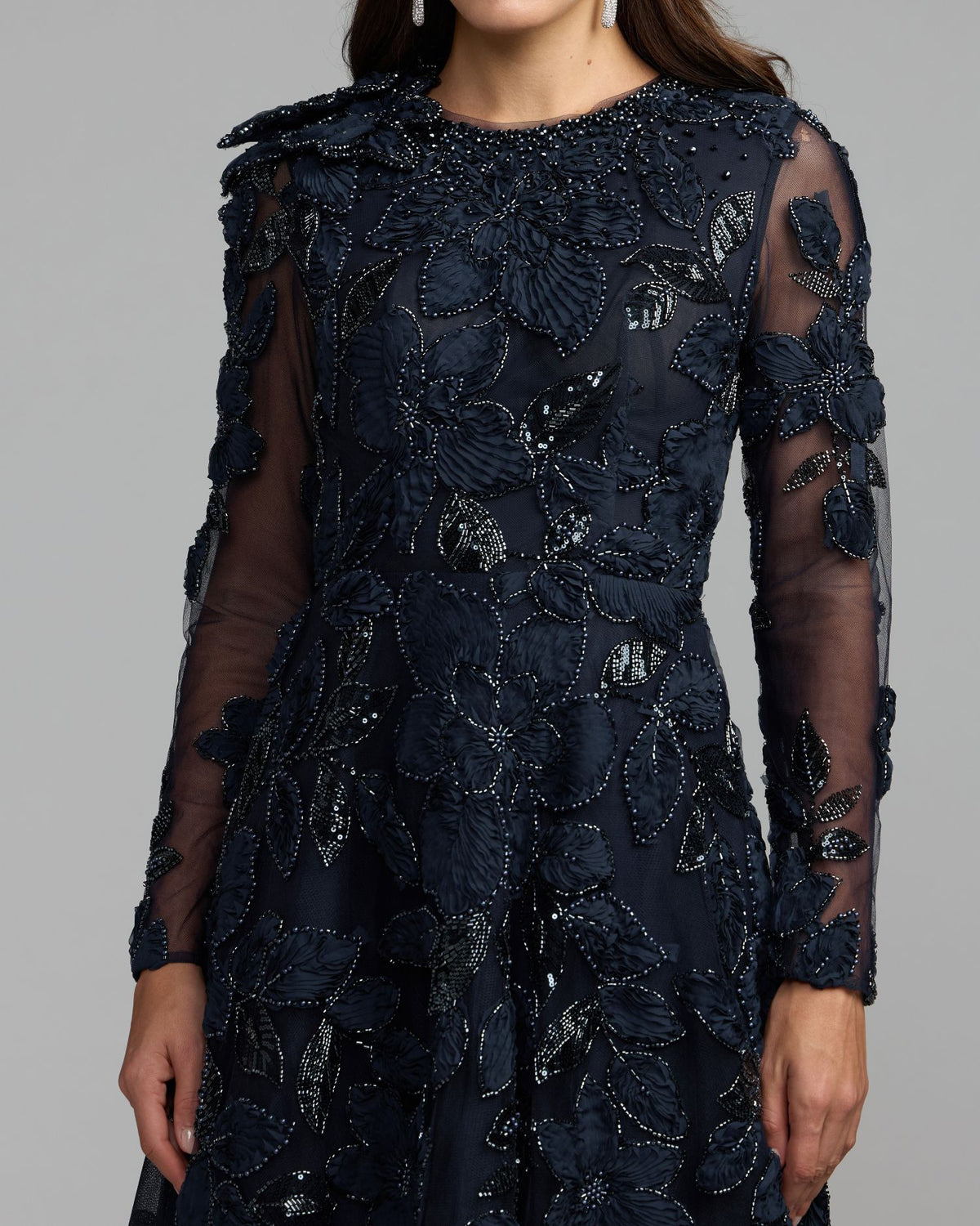Navy Floral Embellished Long Sleeve Gown Mac Duggal