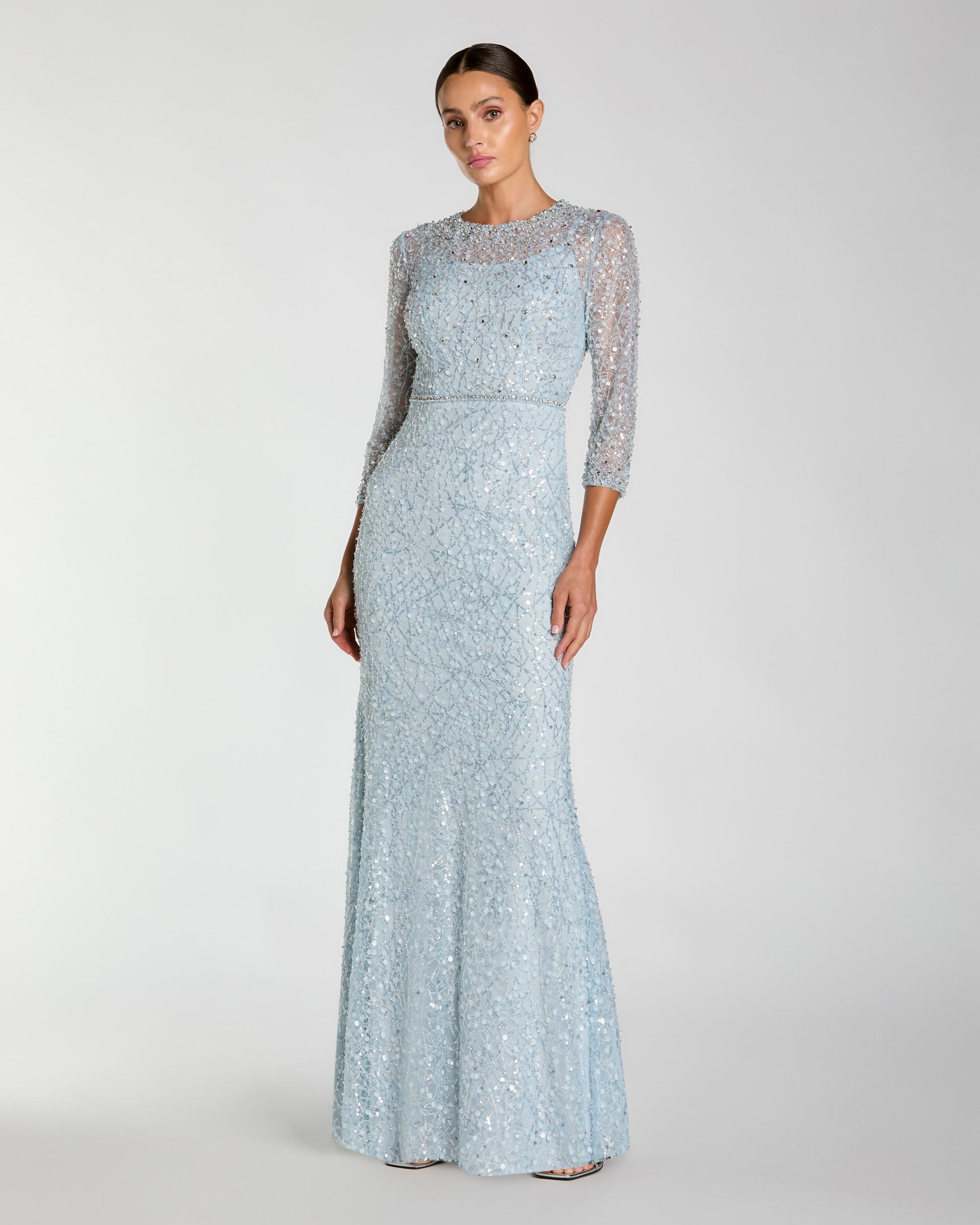 Blue Beaded 3/4 Sleeve Trumpet Gown Mac Duggal