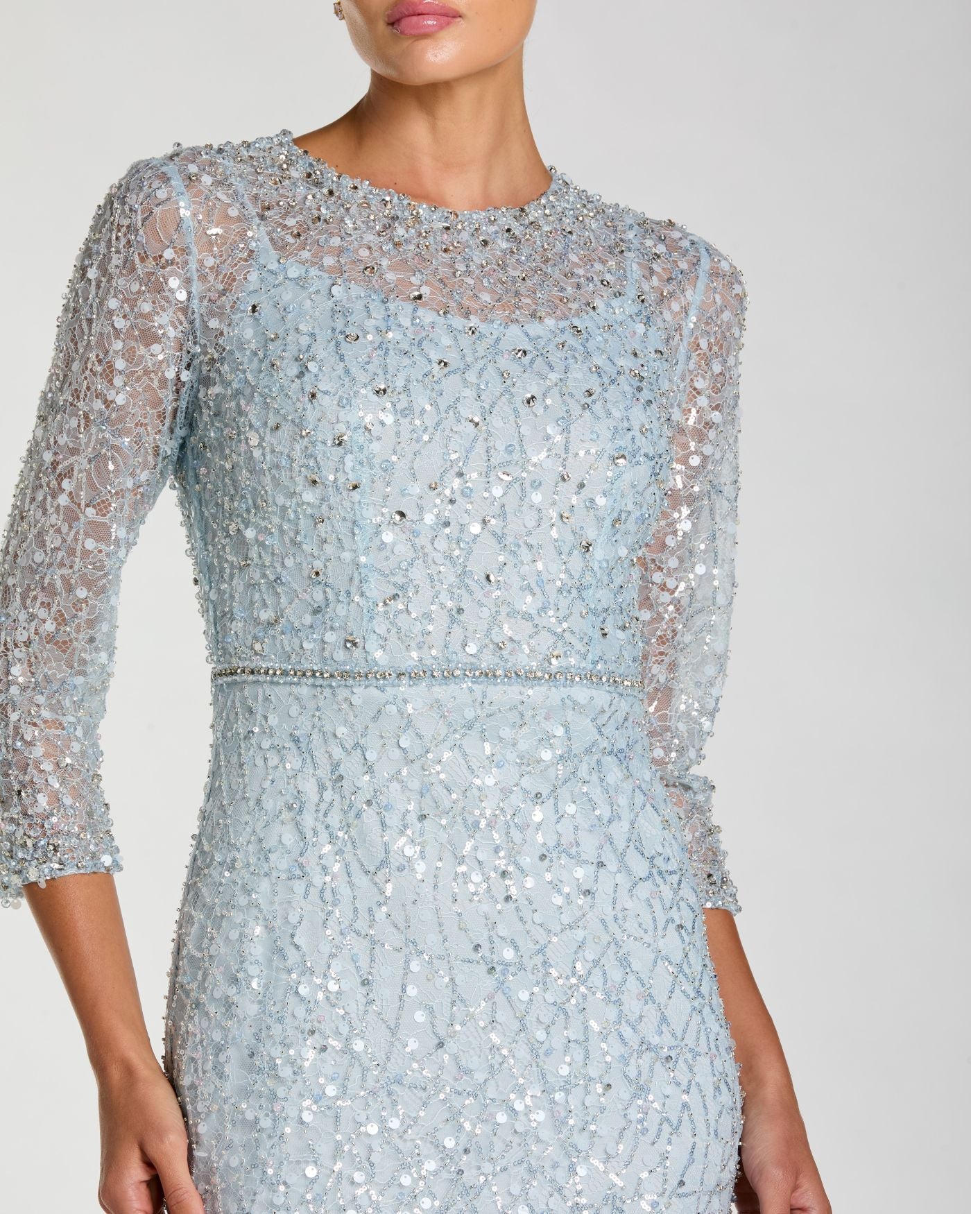 Blue Beaded 3/4 Sleeve Trumpet Gown Mac Duggal