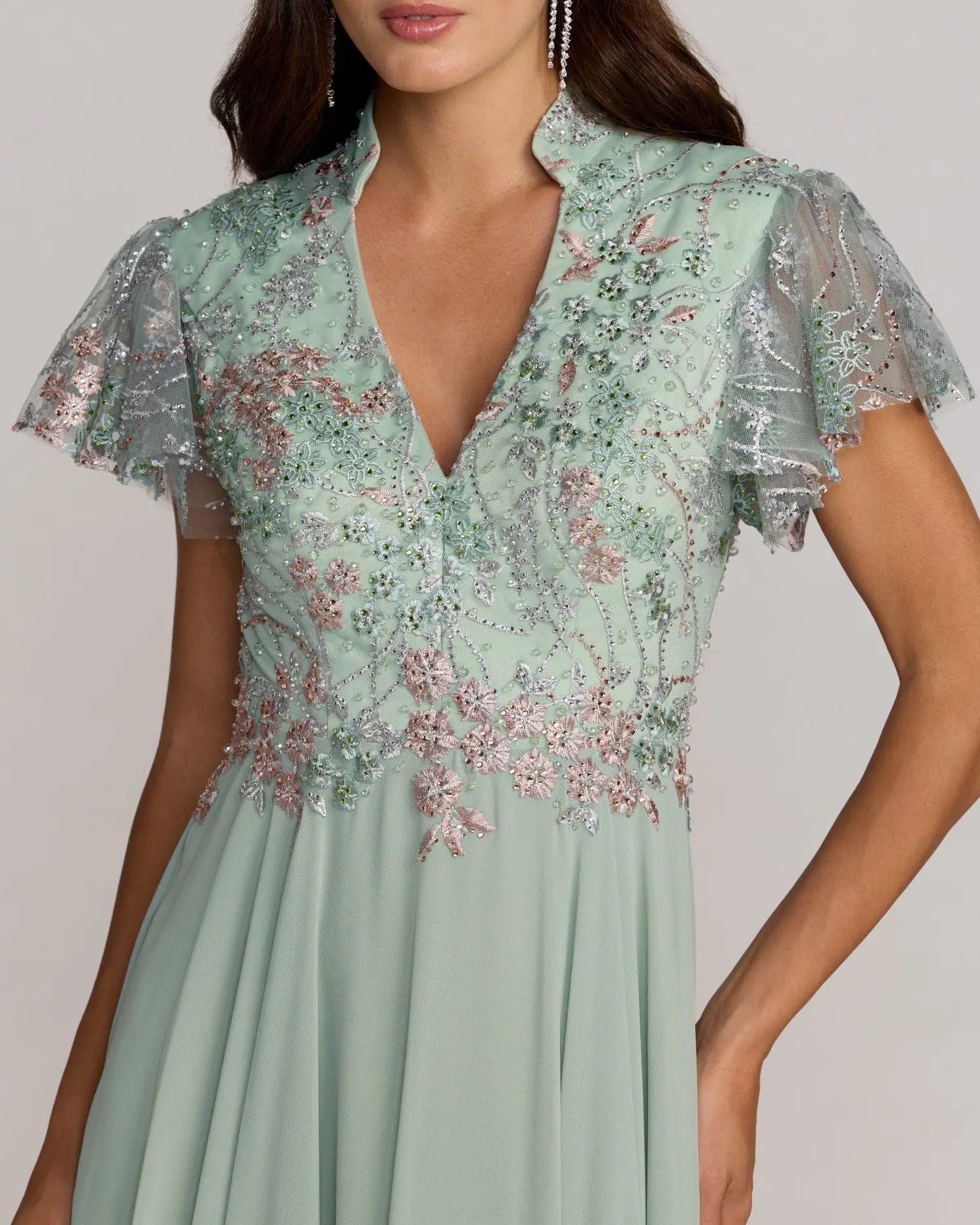 Green Embroidered Flutter Sleeve V Neck Gown Mac Duggal