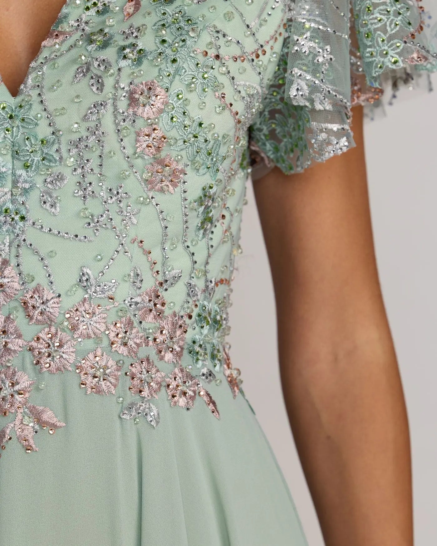 Green Embroidered Flutter Sleeve V Neck Gown Mac Duggal