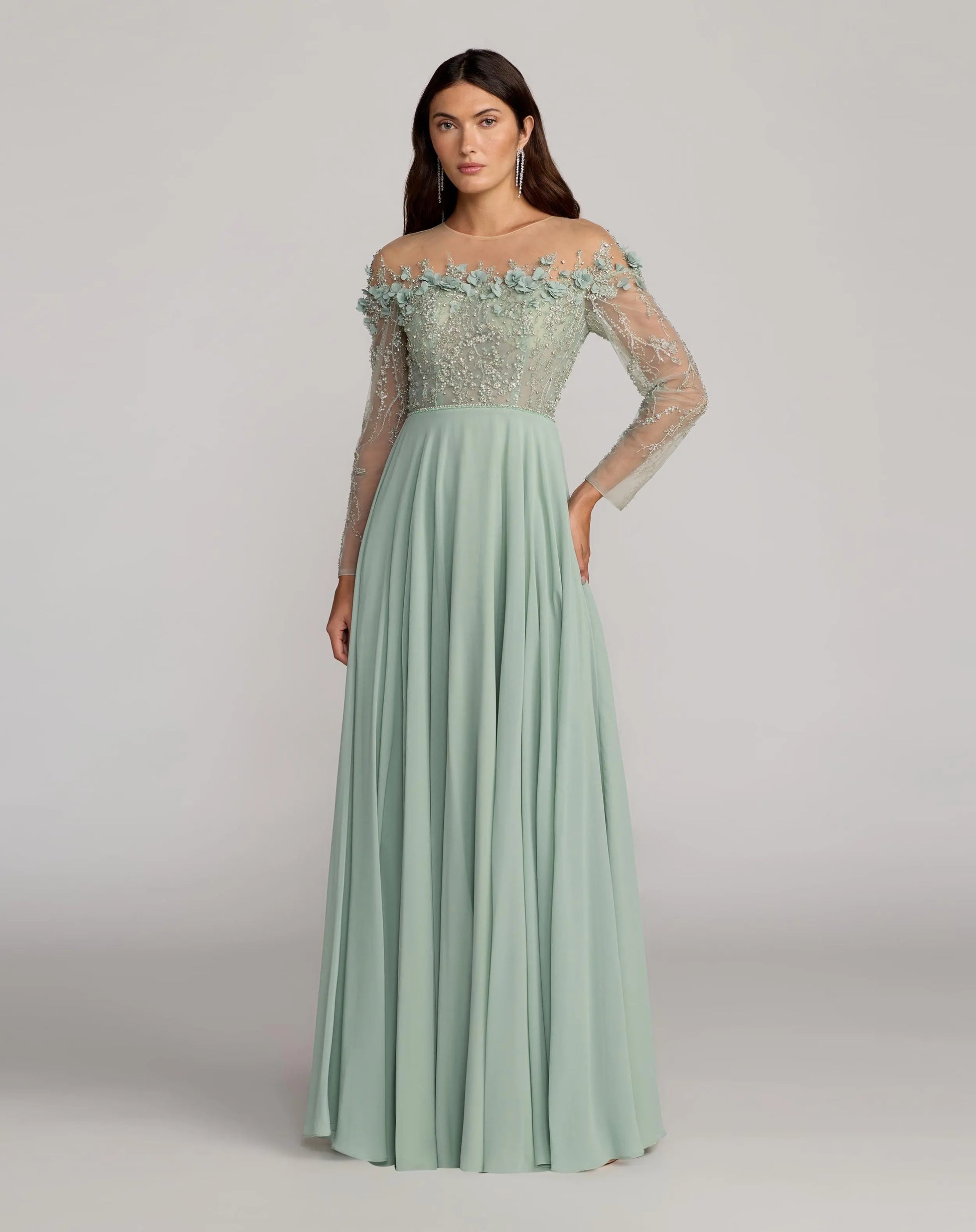 Green Embellished Off The Shoulder Gown With 3D Flowers Mac Duggal