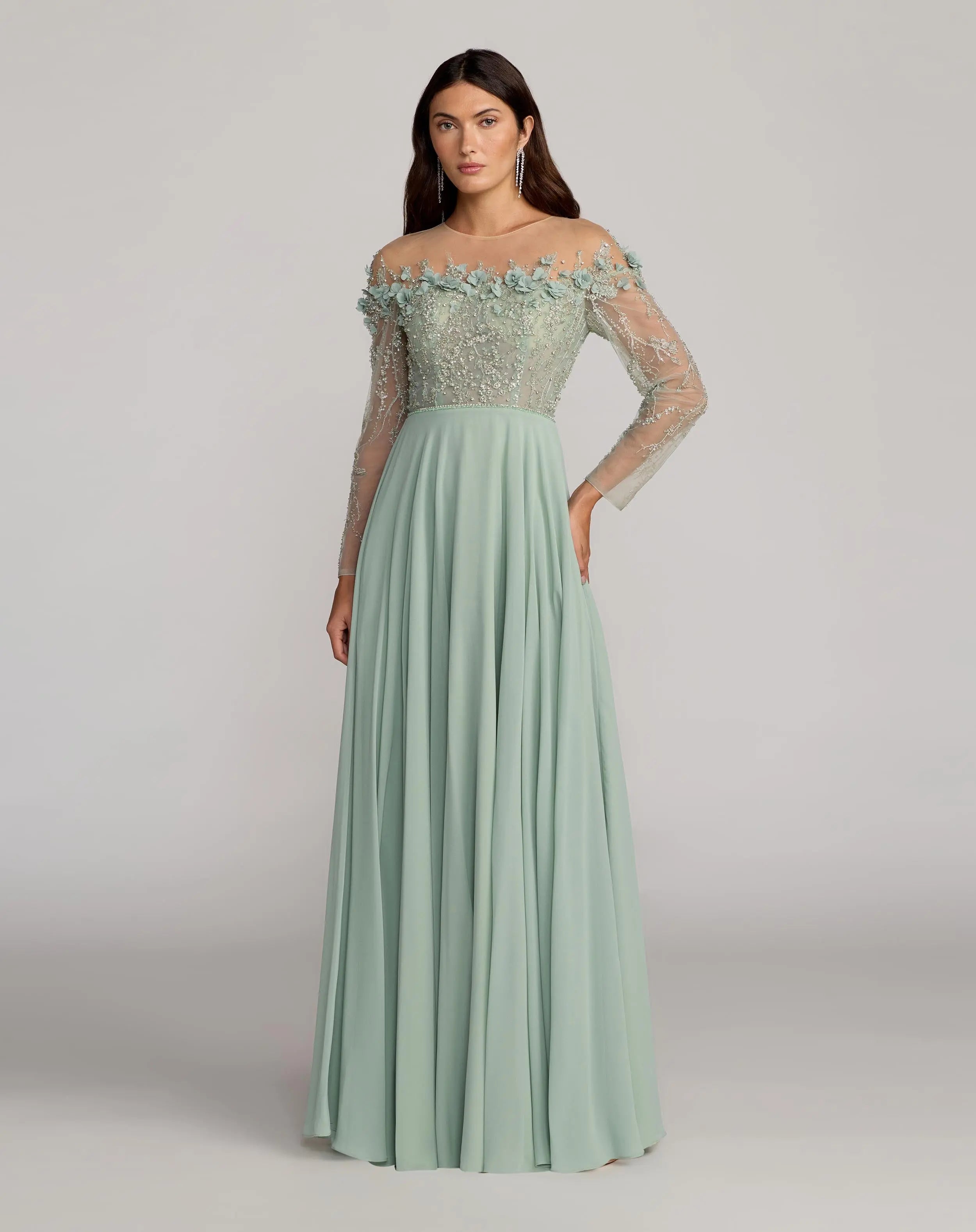 Green Embellished Off The Shoulder Gown With 3D Flowers Mac Duggal