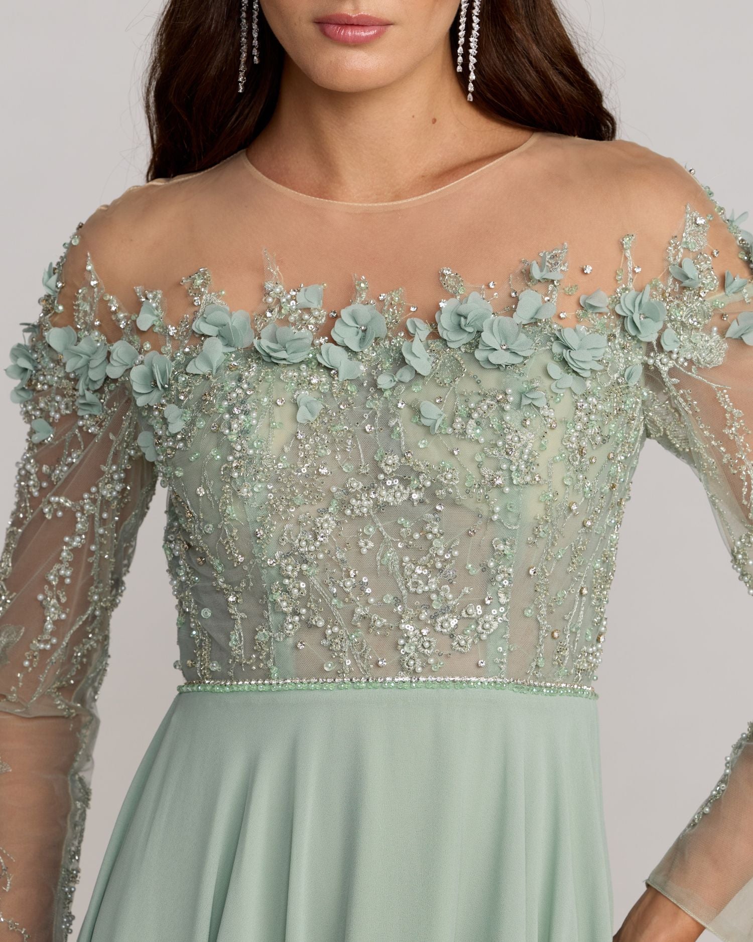 Green Embellished Off The Shoulder Gown With 3D Flowers Mac Duggal