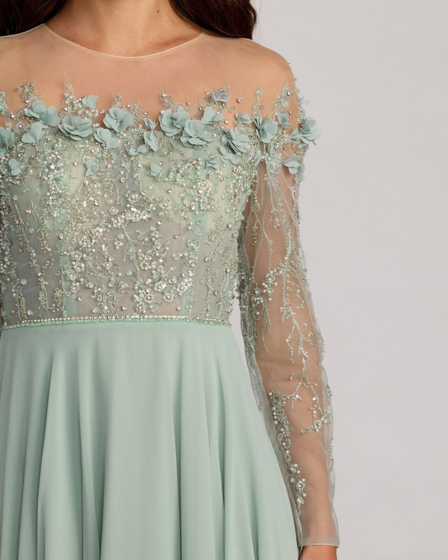 Green Embellished Off The Shoulder Gown With 3D Flowers Mac Duggal