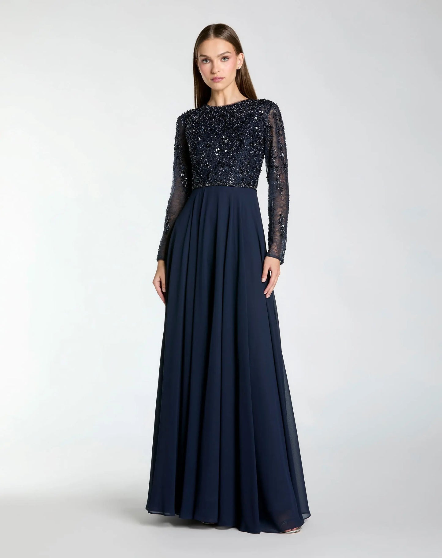 Navy Embellished Lace Long Sleeve Gown With Chiffon Skirt - Mac Duggal