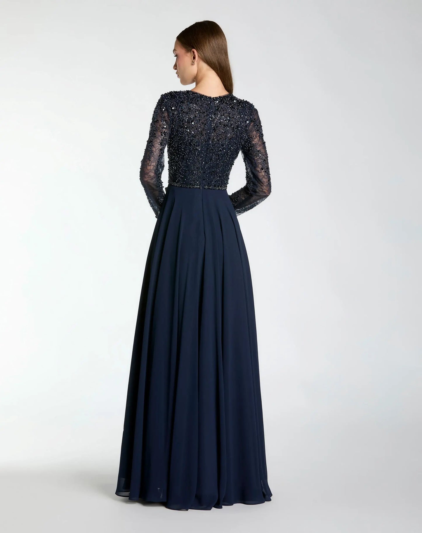 Navy Embellished Lace Long Sleeve Gown With Chiffon Skirt - Mac Duggal