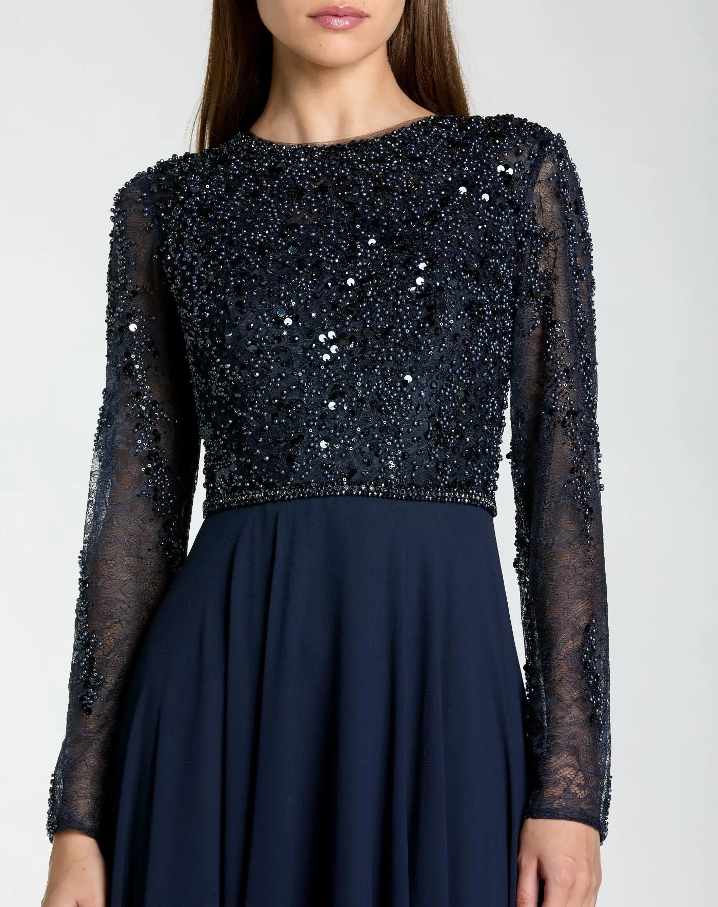 Navy Embellished Lace Long Sleeve Gown With Chiffon Skirt - Mac Duggal