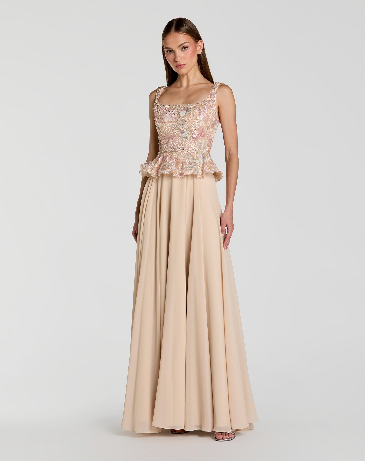 Beige Beaded Floral Peplum A Line Gown Mac Duggal