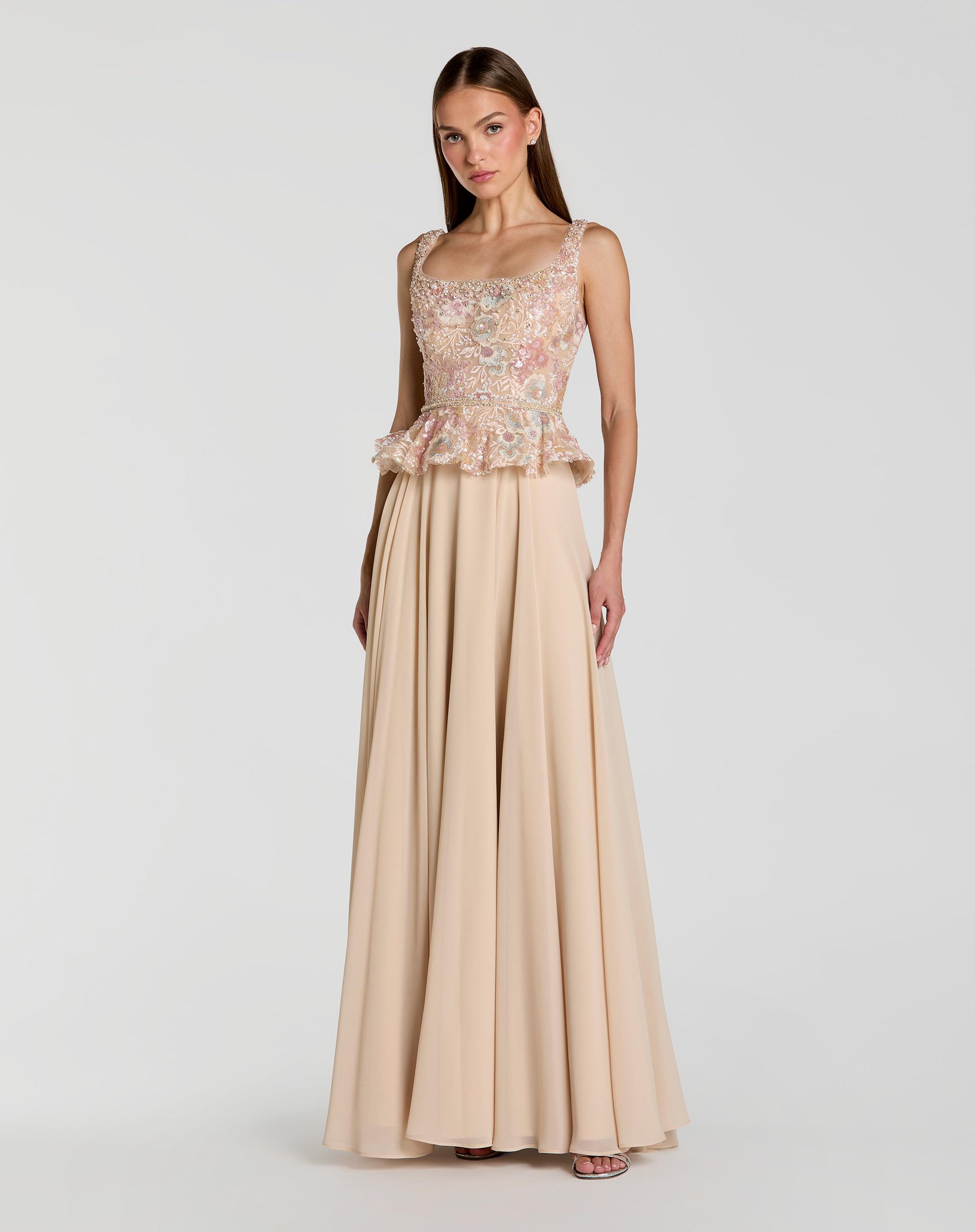 Beige Beaded Floral Peplum A Line Gown Mac Duggal