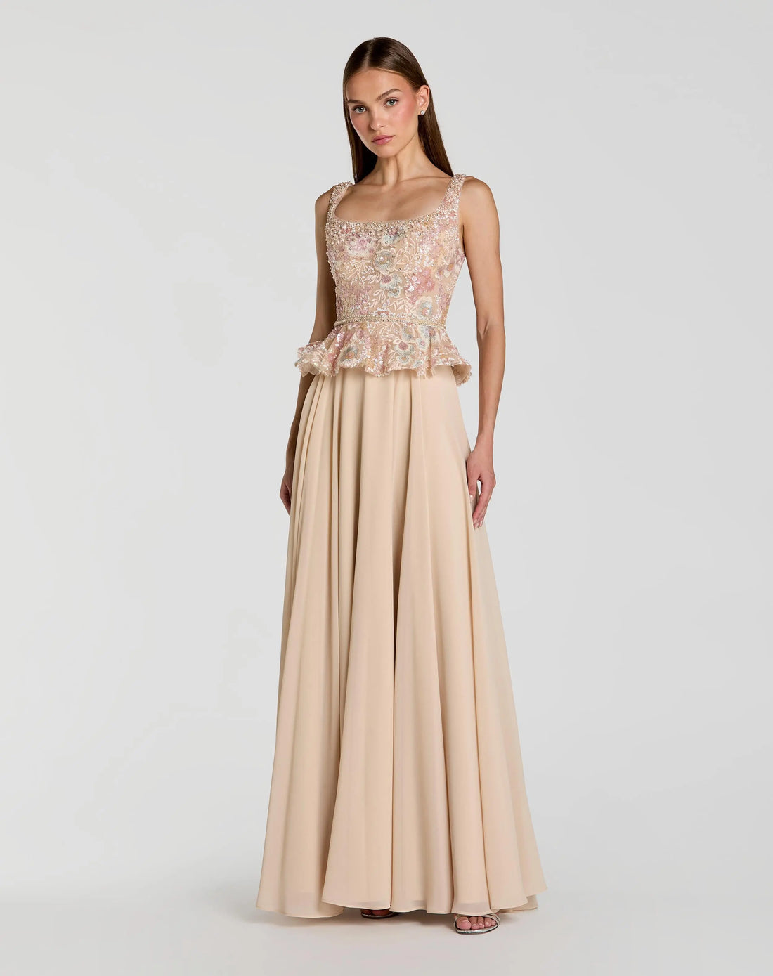 Beige Embroidered Peplum Top With Chiffon Skirt Gown | Mac Duggal Beige Embroidered Peplum Top With Chiffon Skirt Gown | Mac Duggal