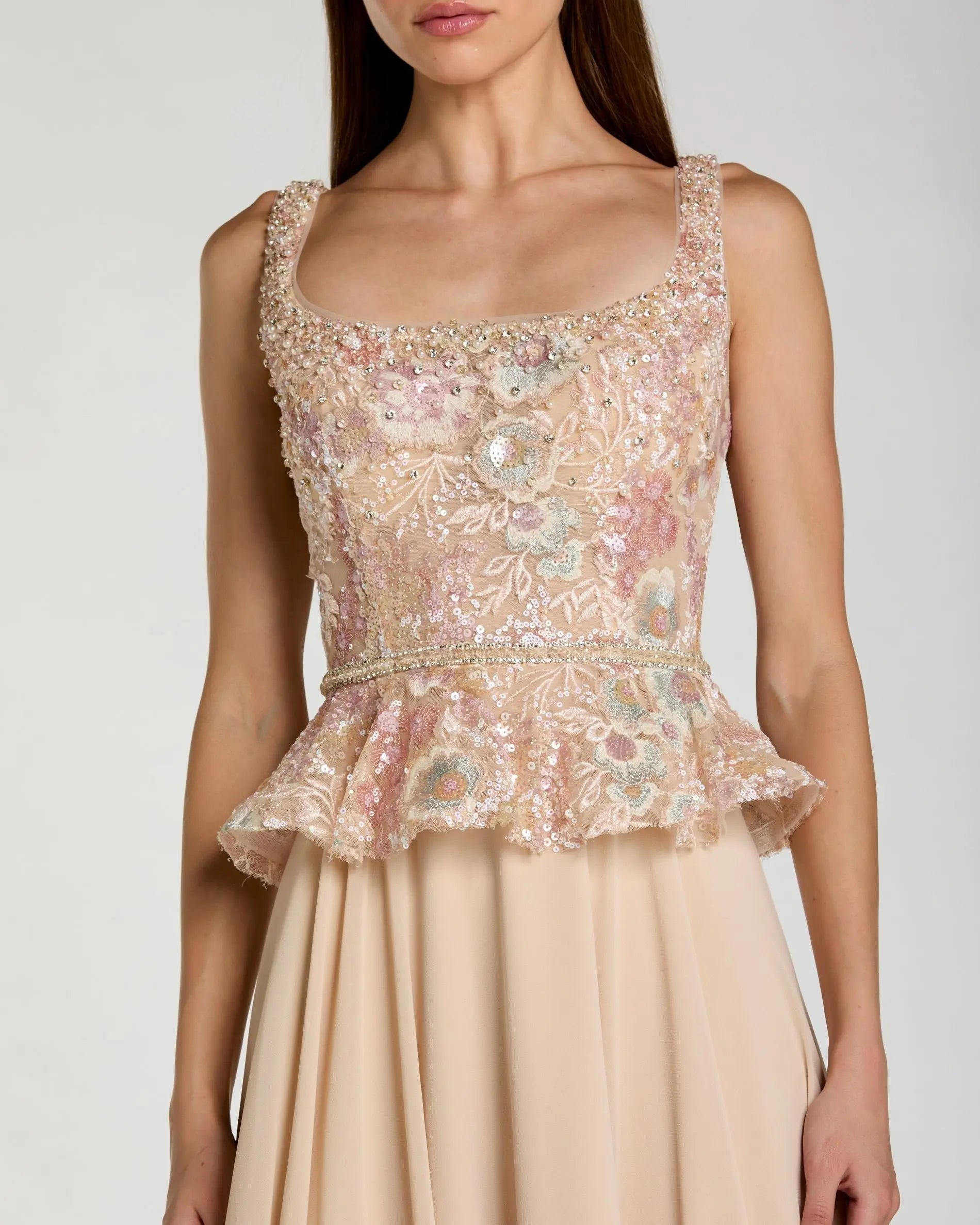 Beige Embroidered Peplum Top With Chiffon Skirt Gown | Mac Duggal Beige Embroidered Peplum Top With Chiffon Skirt Gown | Mac Duggal