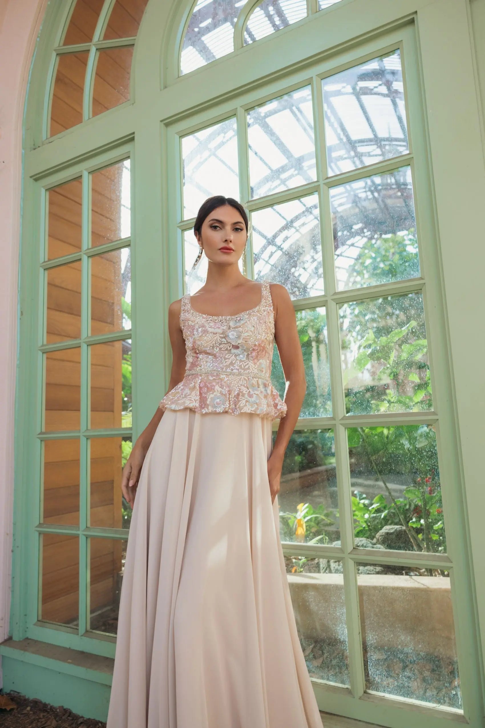 Beige Embroidered Peplum Top With Chiffon Skirt Gown | Mac Duggal Beige Embroidered Peplum Top With Chiffon Skirt Gown | Mac Duggal