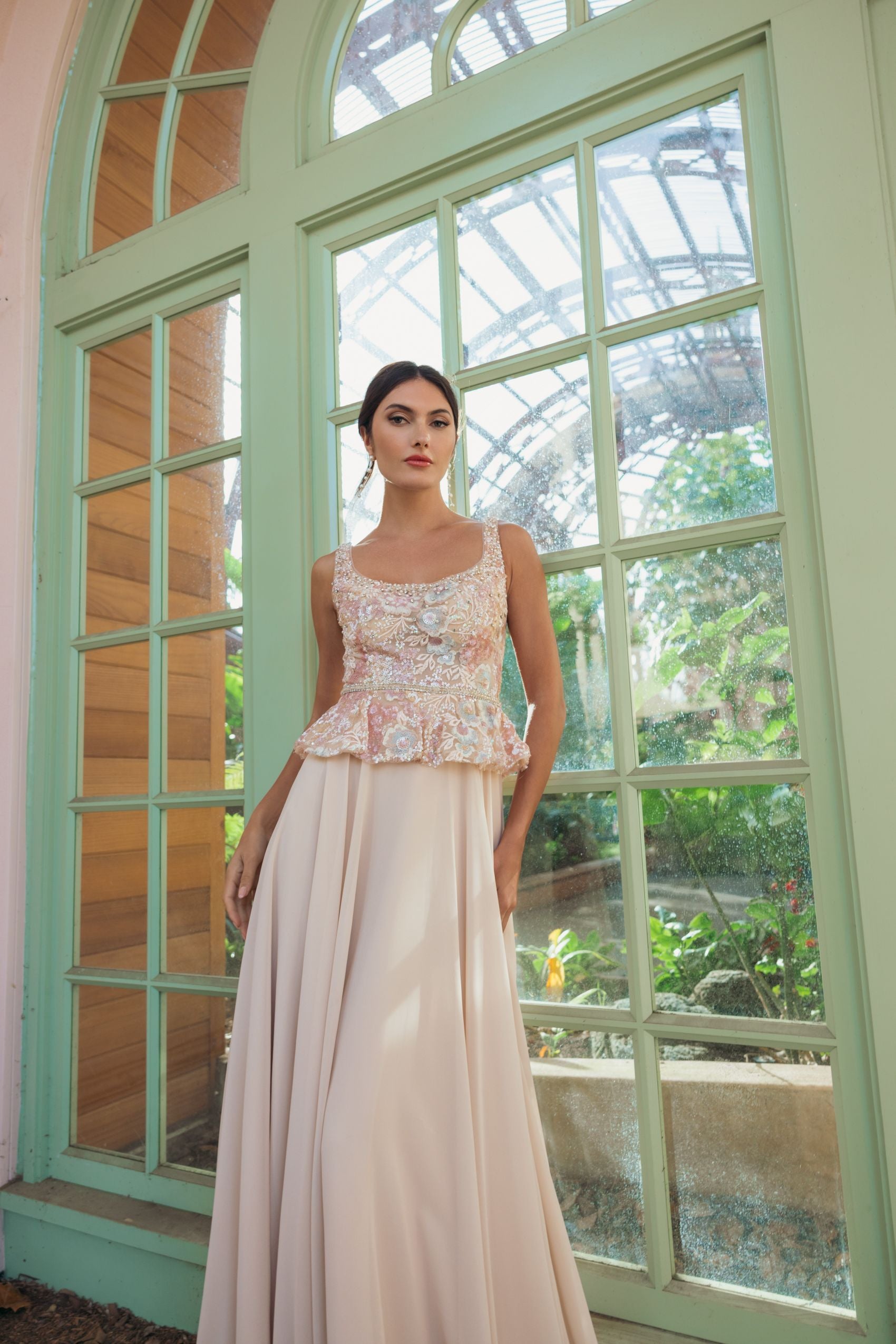 Beige Beaded Floral Peplum A Line Gown Mac Duggal