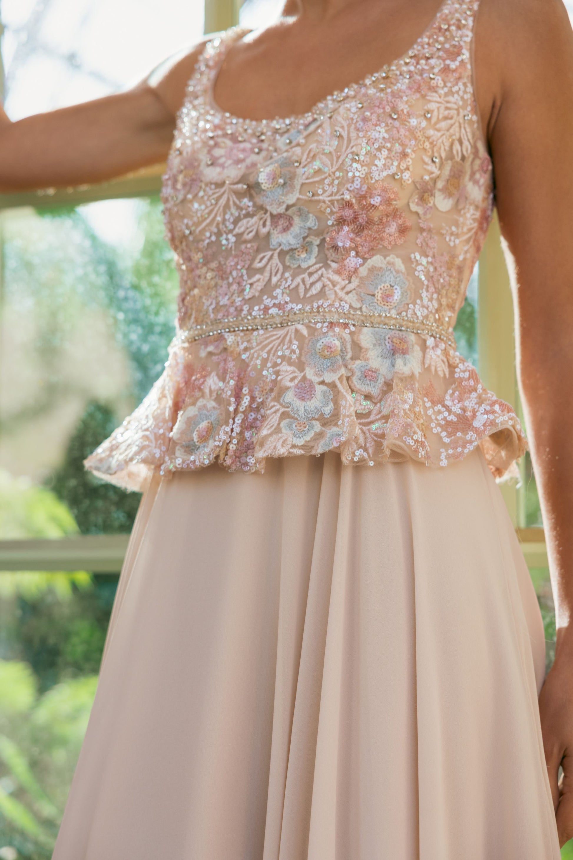 Beige Beaded Floral Peplum A Line Gown Mac Duggal