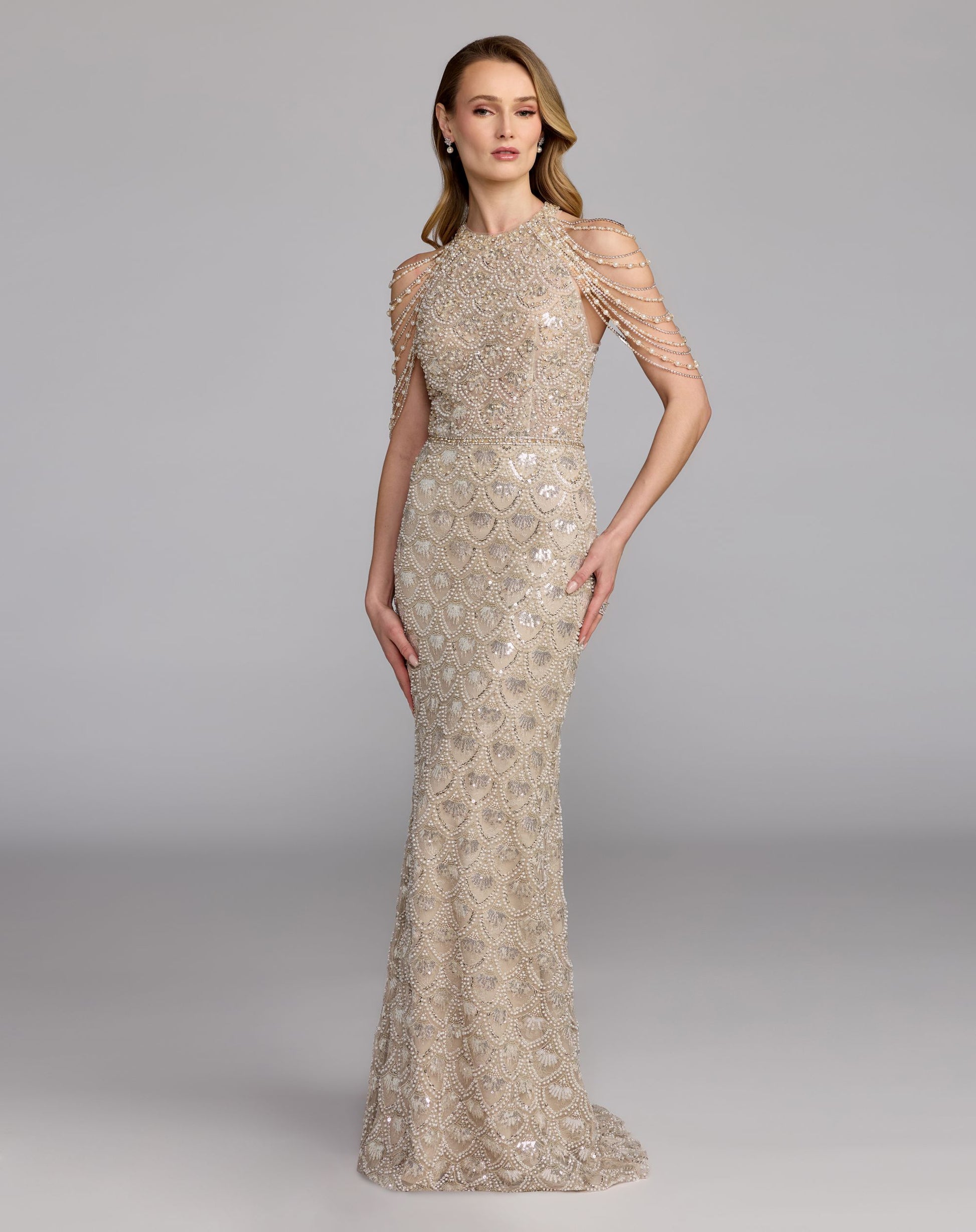 Ivory Draped Pearl Embellished Column Gown - Mac Duggal