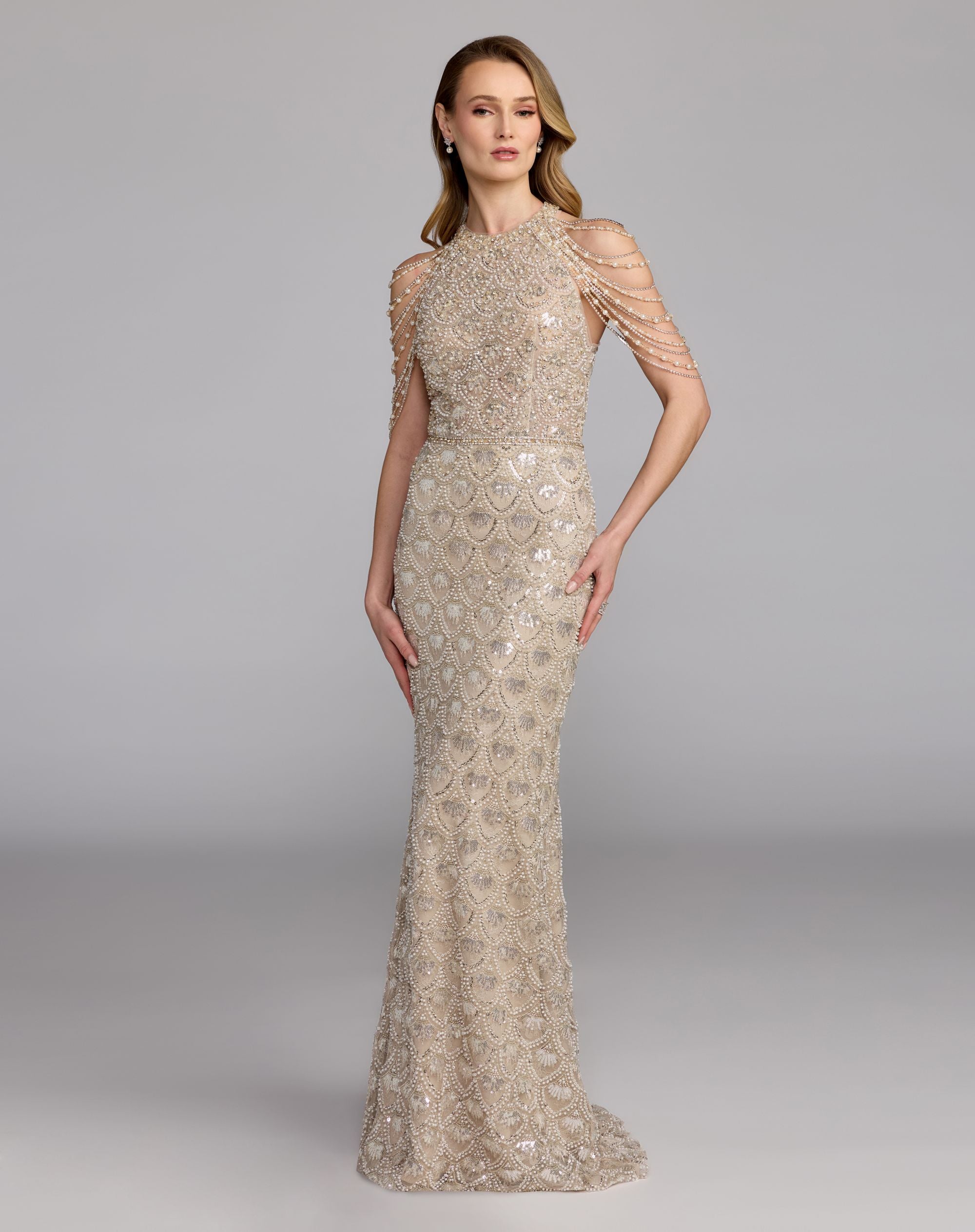 Ivory Draped Pearl Embellished Column Gown - Mac Duggal