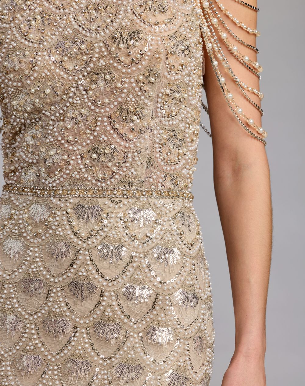 Ivory Draped Pearl Embellished Column Gown - Mac Duggal