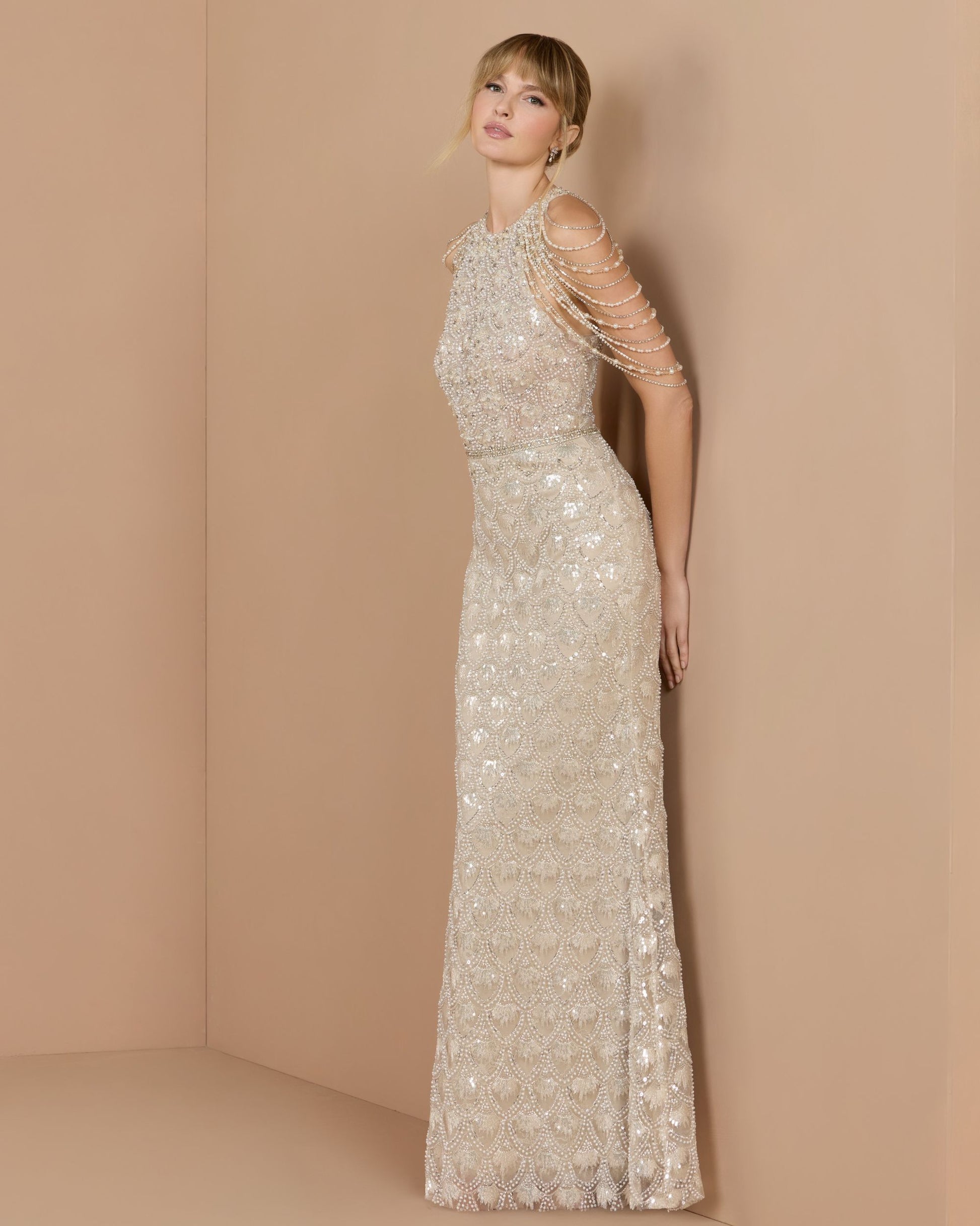 Ivory Draped Pearl Embellished Column Gown