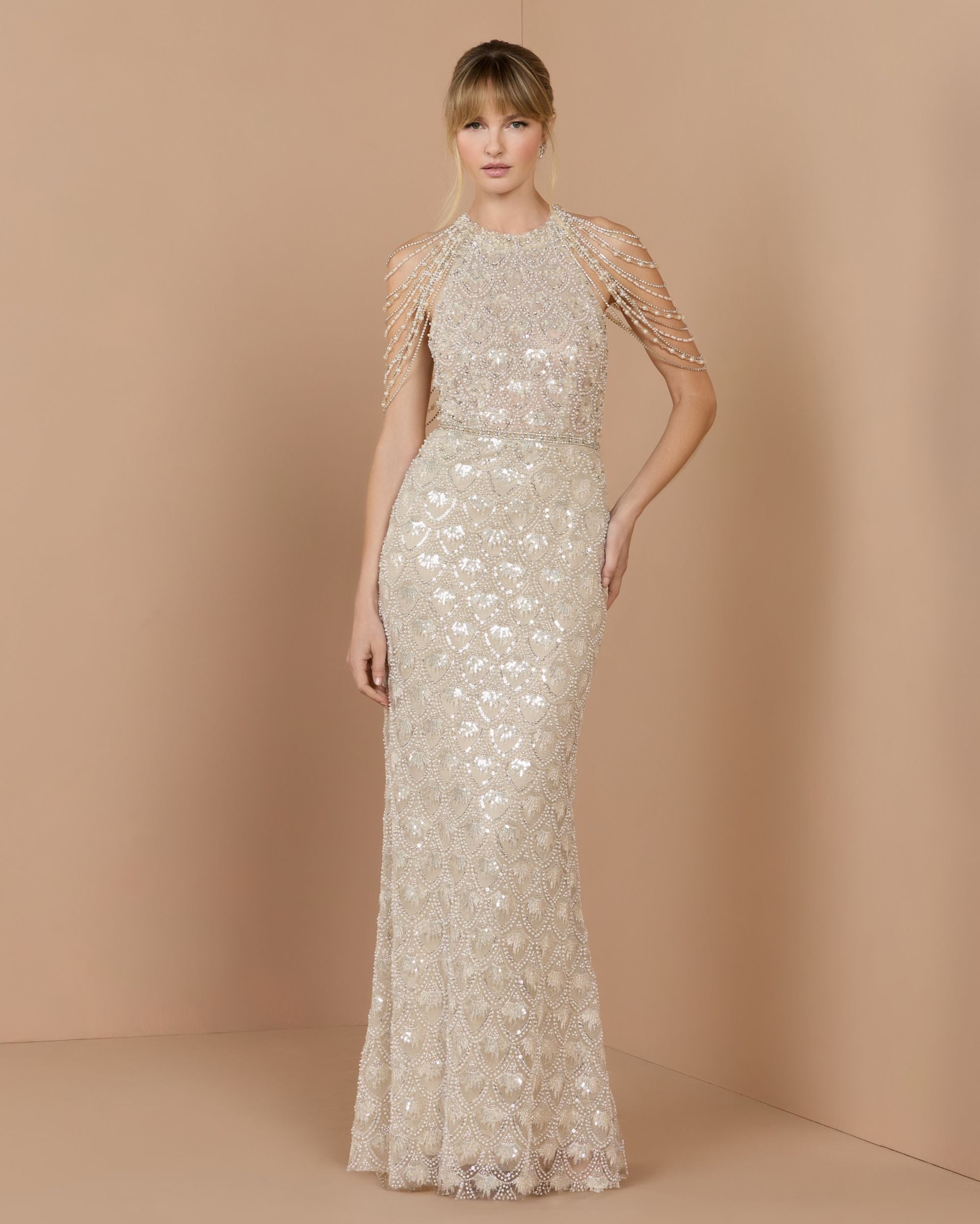 Ivory Draped Pearl Embellished Column Gown