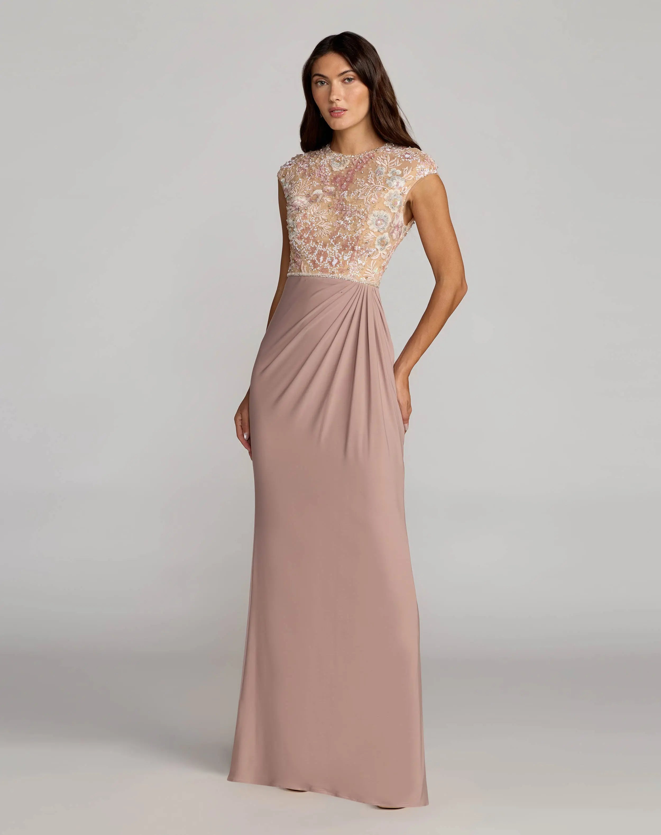 Purple Floral Embroidered Cap Sleeve Column Gown Mac Duggal