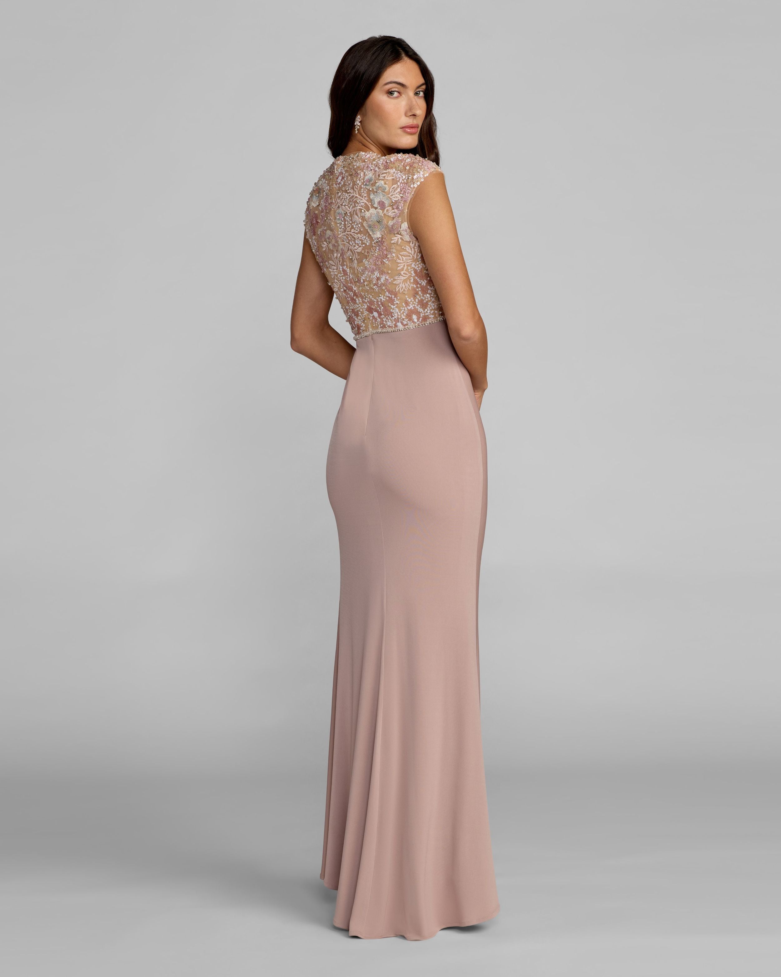 Purple Floral Embroidered Cap Sleeve Column Gown Mac Duggal