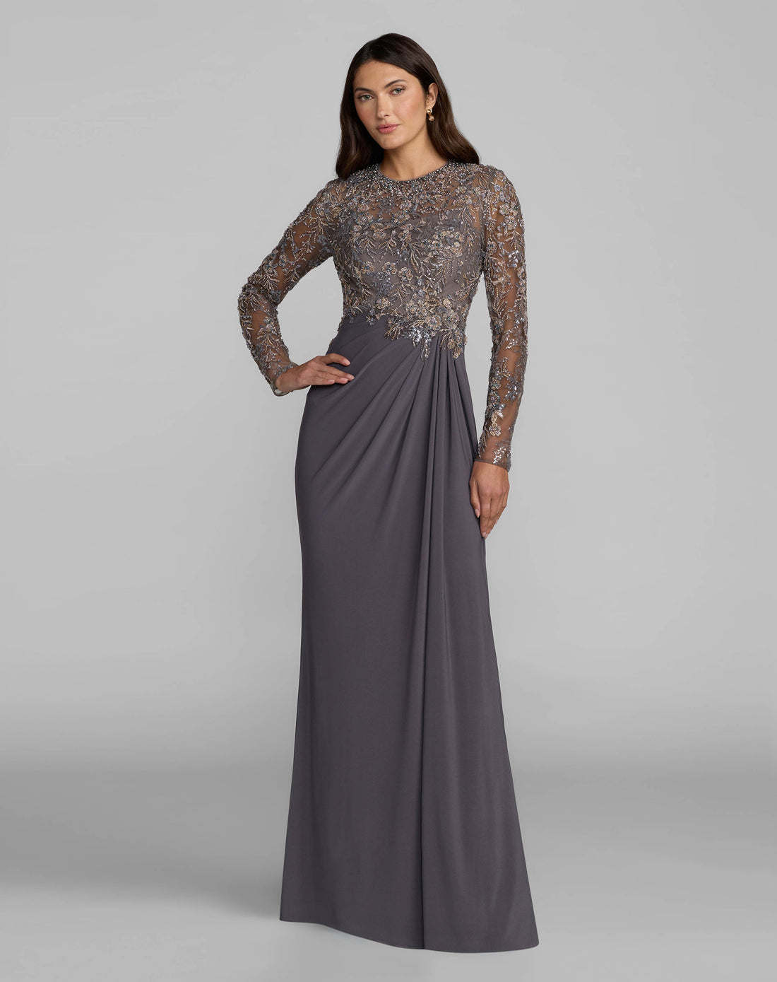 Gray Embroidered Long Sleeve Jersey Gown - Mac Duggal